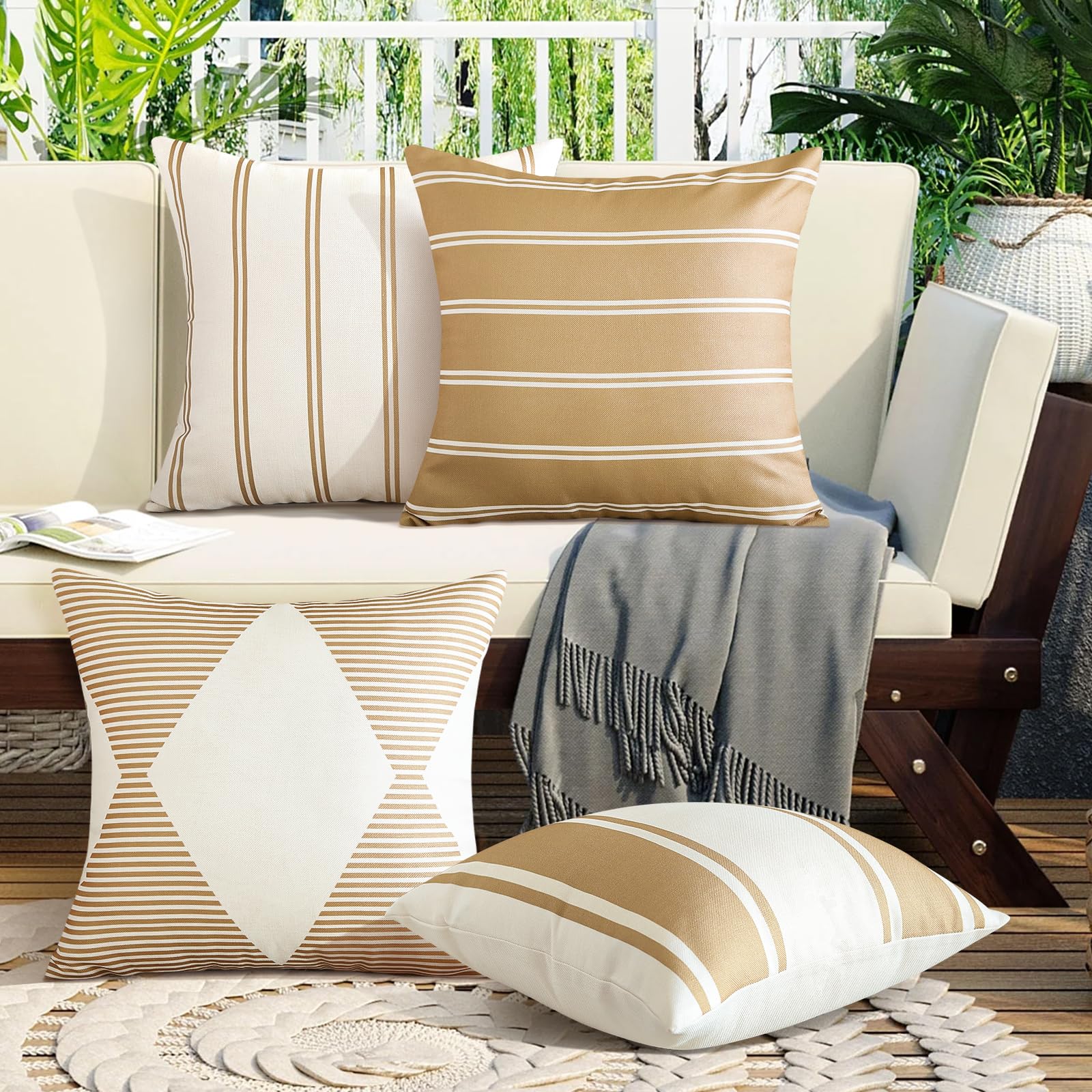Otostar Decorative Outdoor Throw Pillow Covers 16X16 Inch Waterproof Geometry Pillow Cover Garden Cushion Case Patio Outdoor Pillows Shell For Couch Indoor Tent Park Furniture Set Of 4 (Light Coffee)