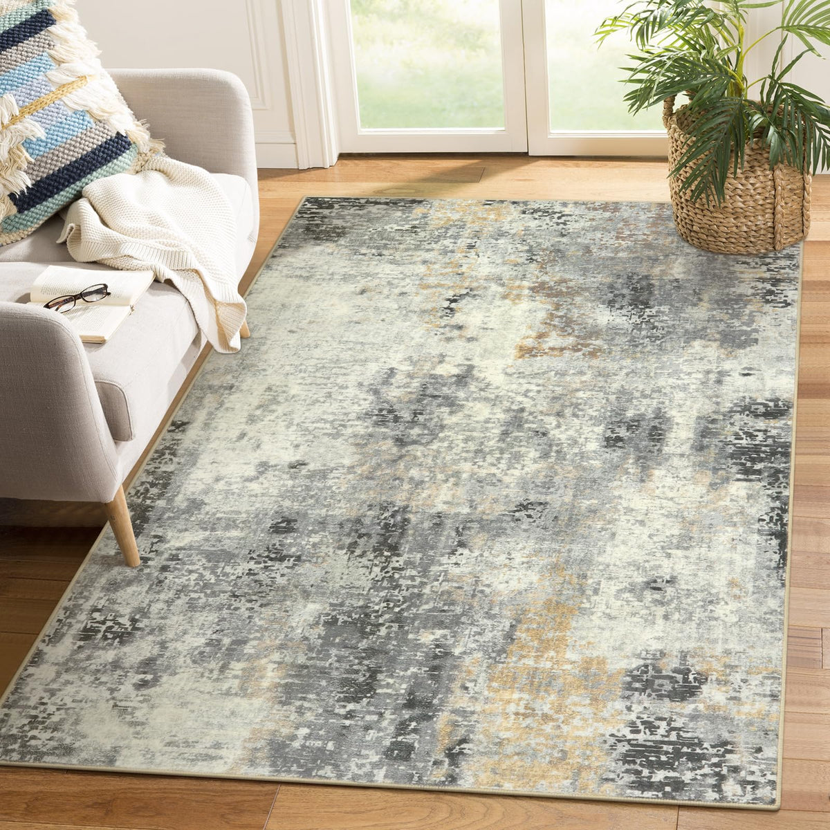 Lahome Modern Abstract Area Rug - 4x6 Grey Rugs for Bedroom Washable Dining Room Rug Living Room Mat, Non Slip Contemporary Indo
