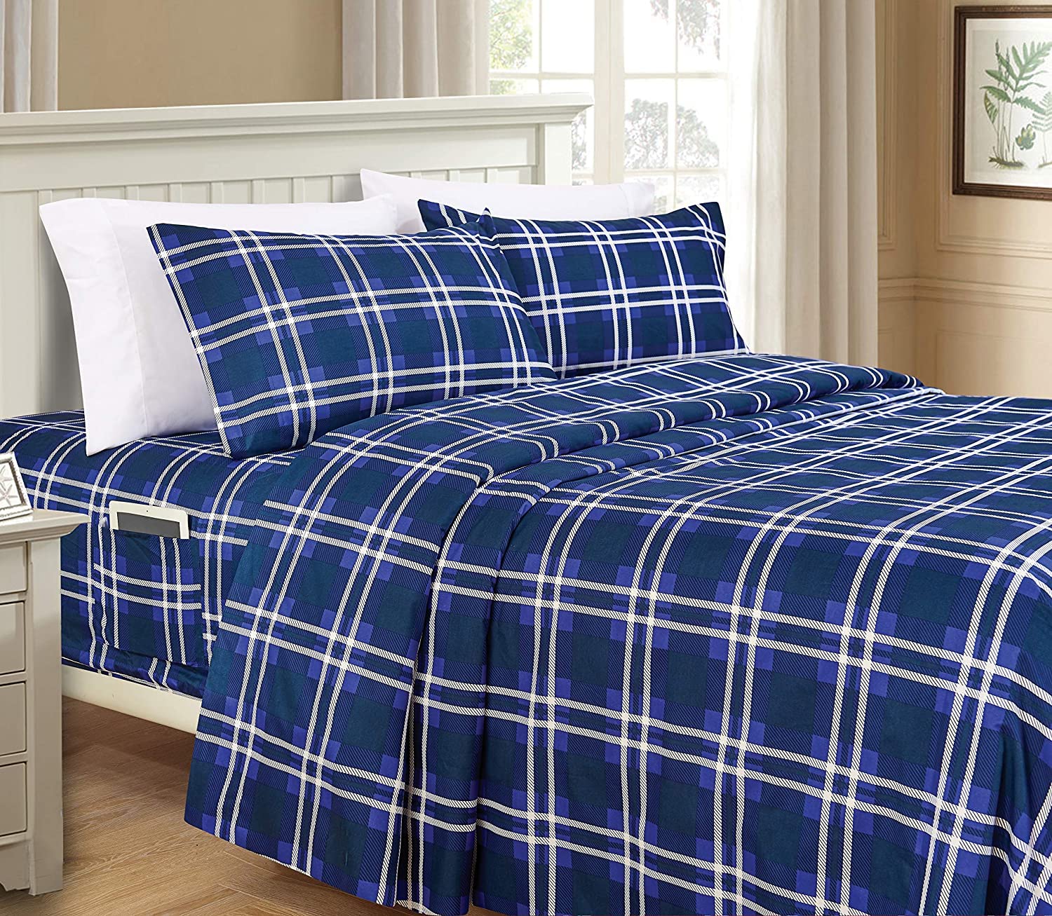 Elegant Comfort Lilliana Plaid 6-Piece Sheet Set, Supreme Coziness Fade & Wrinkle Resistant, 1500 Premium Hotel Quality Microfiber, Sheet Featuring Smart Pockets, Plaid Sheet Set, Queen, Navy Blue