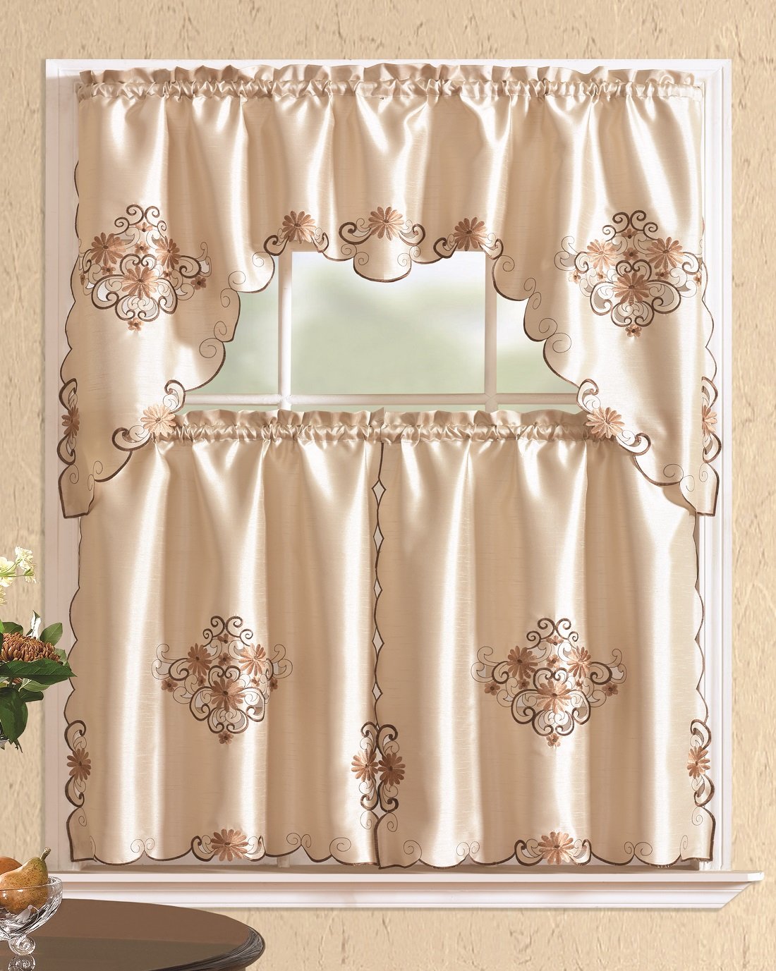 All American Collection Modern Contemporary 3pc Embroidered Home Kitchen Window Treatment Curtain Set (Straight Valance, Brown)