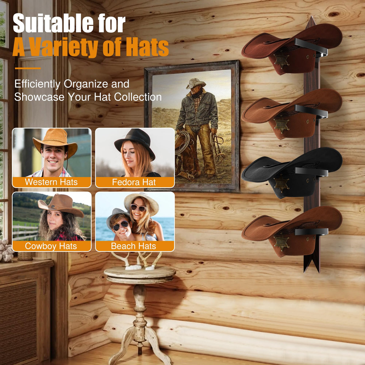 Cinati Cowboy Hat Rack, Cowboy Hat Holder Wall Mount Holds Up To 4 Hats, Wooden Western Rustic Metal Cowboy Hat Hanger With Arro
