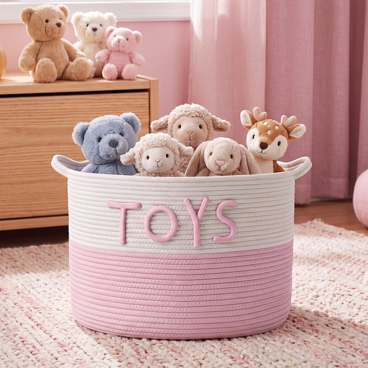 Novabright 82l Pink Toy Basket Large Woven Cotton Rope Box, Round