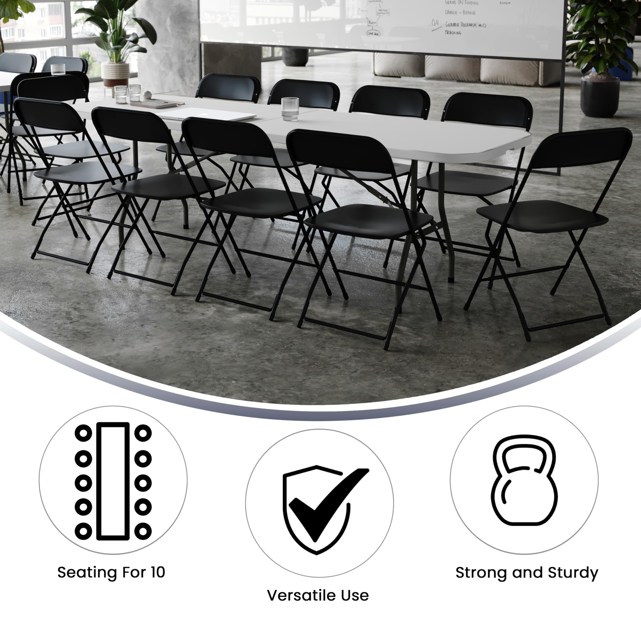 Flash Furniture 8' Bi-Fold Training Table and 10 Folding Chairs Set, White/Black Metal