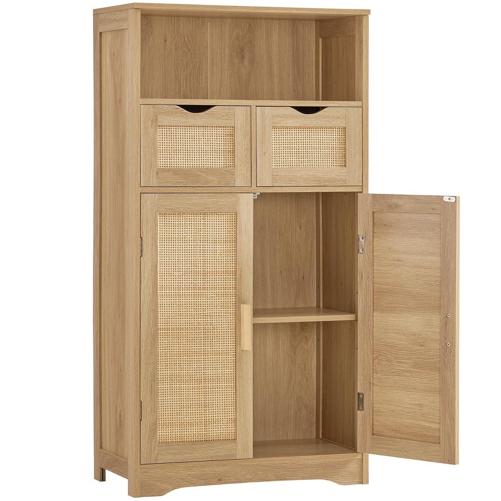 Iwell Storage Cabinet with 2 Drawers & Adjustable Shelves, Rattan Cabinet, Kitchen Storage Cabinet, Pantry Cabinet with 2 Doors,
