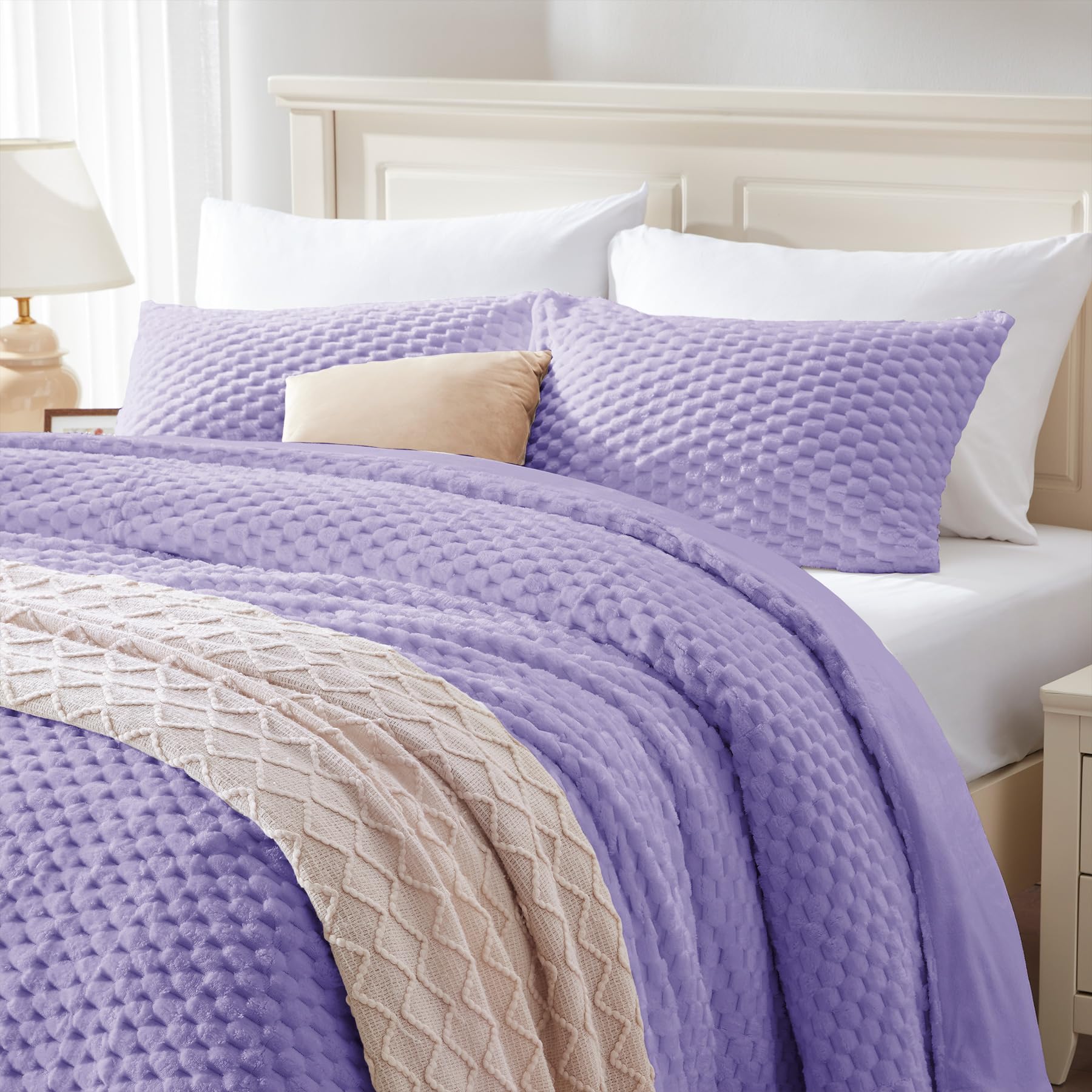 Bedelite Fluffy Queen Comforter Set - Light Purple Fleece Soft Comforter For Queen Size Bed, Luxury Warm Bedding Set For Winter,