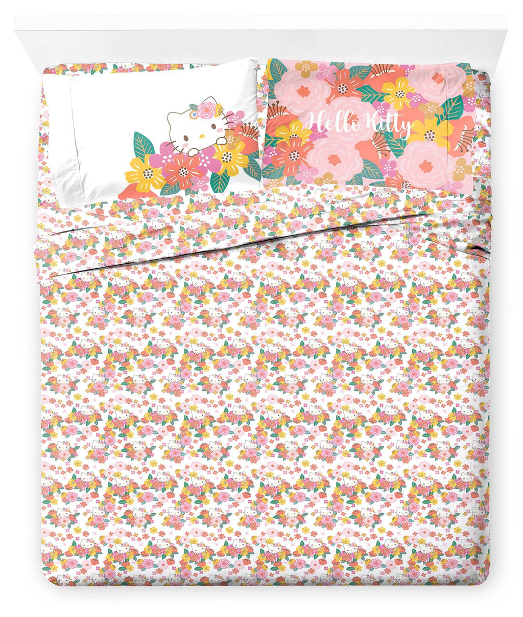 Jay Franco Ultra-Soft Hello Kitty Sheet Set, 4 Piece Queen Bedding with Fitted/Flat Sheets & Pillowcase - Multi Color Room Decor