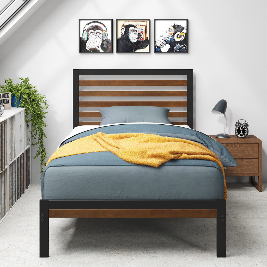 Zinus Kai Bamboo And Metal Platform Bed Frame With Headboard, No Box Spring Needed, Easy Assembly, Twin, Brown
