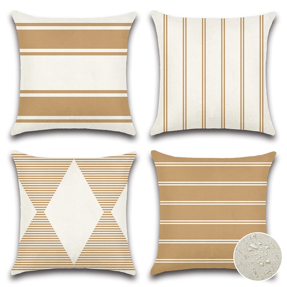 OTOSTAR 18x18 Waterproof Throw Pillow Covers (Pack of 4) - Light Coffee Geometry Outdoor Decorative Cushion Case for Patio Couch