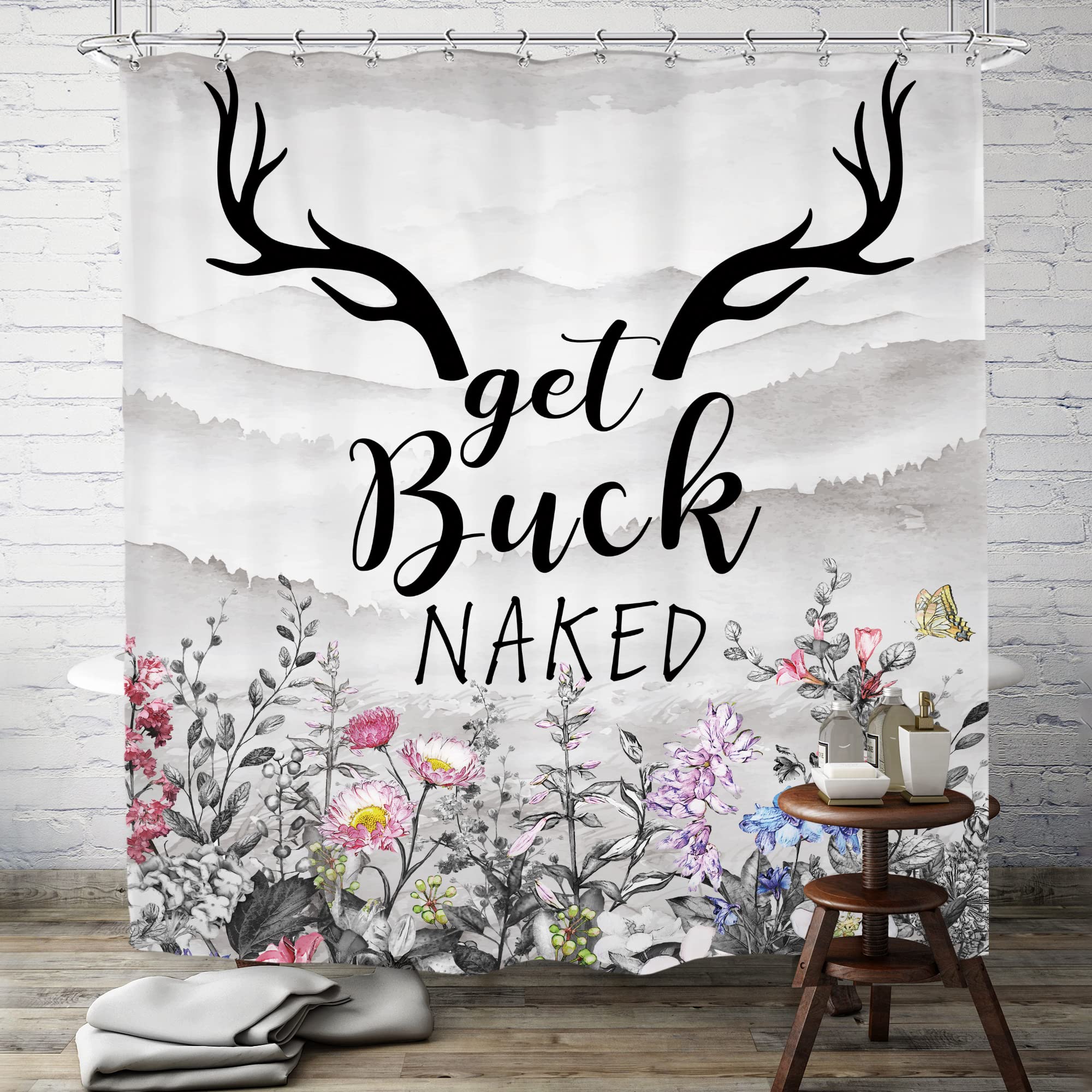 SVBright Get Buck Naked Shower Curtain 60Wx72L Inch Funny Farmhouse Country Rustic Floral Western Grey Mountain Cute Quotes Plan