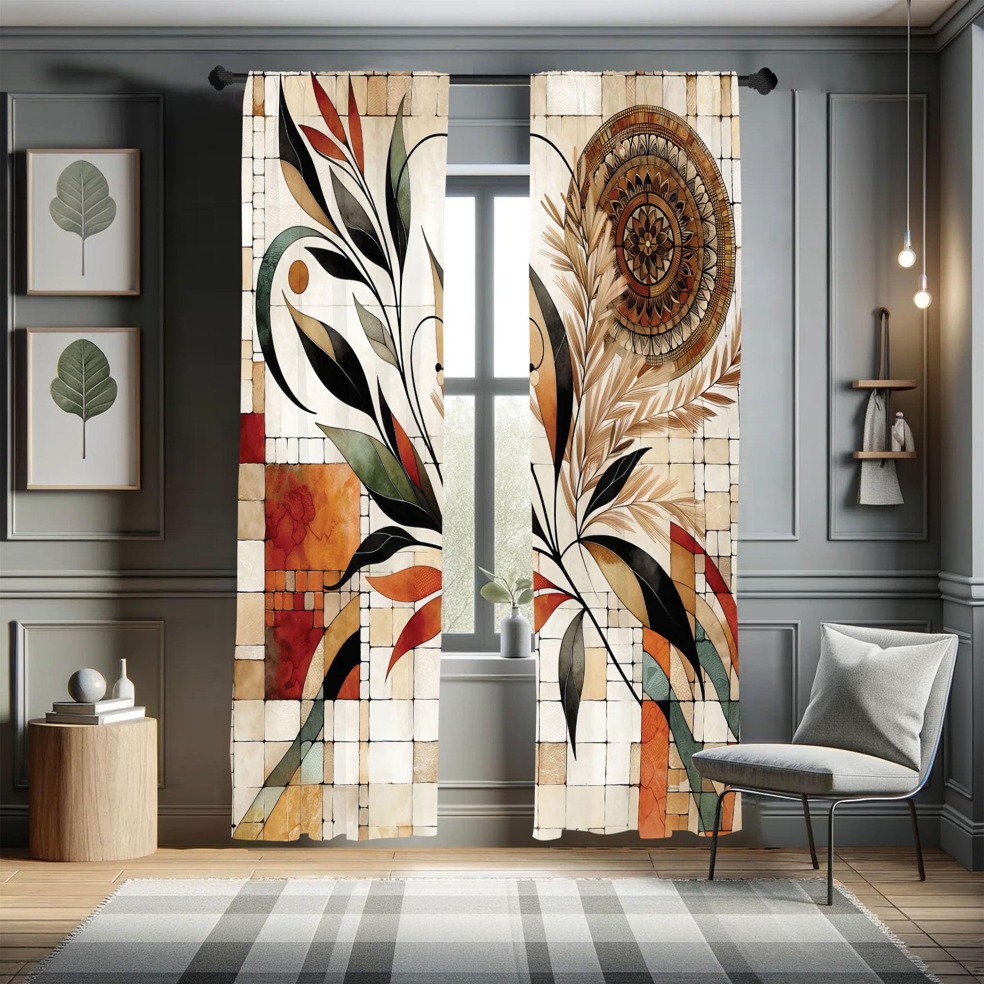 Ambesonne Boho Window Curtains, Oriental Autumn Tones Abstract Mandala Flower and Swirling Leafy Branch, Lightweight Decorative 