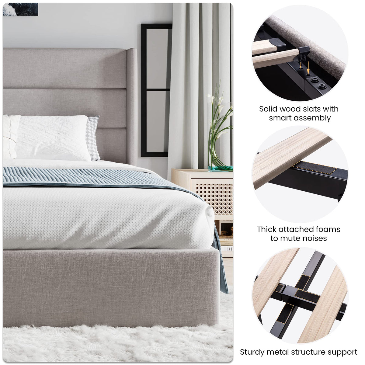 Sha Cerlin King Size Lift Up Storage Bed/Modern Wingback Headboard/Upholstered Platform Bed Frame/Hydraulic Storage/No Box Spring Needed/Wood Slats Support/Light Beige
