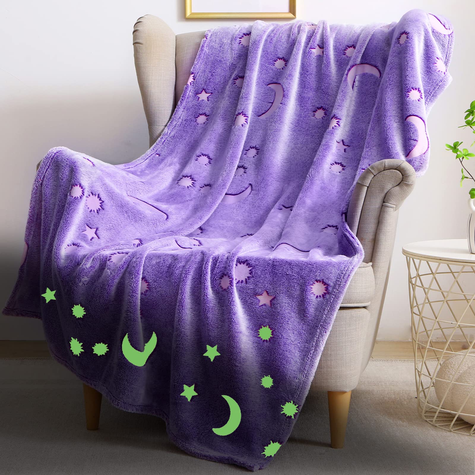 Auivty Glow In The Dark Blanket For Girls Birthday Purple Pink Moon Star Soft Throw Blanket For Kids Toddler Teen Girls Women (P