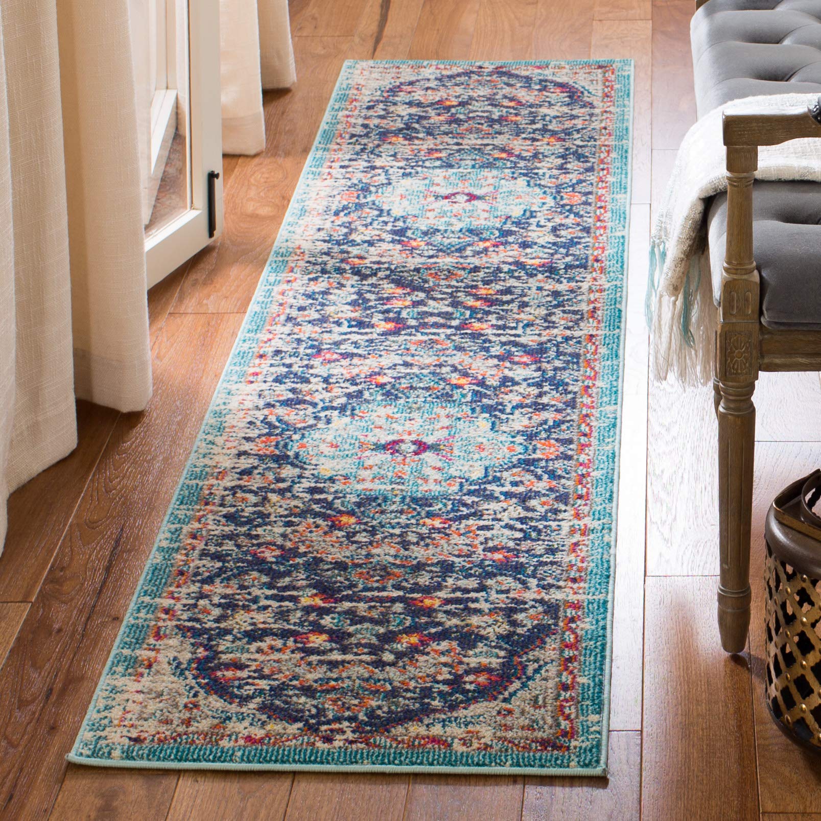 SAFAVIEH Madison Collection Runner Rug - 22 x 20, Black & Teal, Boho Chic Medallion Distressed Design, Non-Shedding & Easy Car