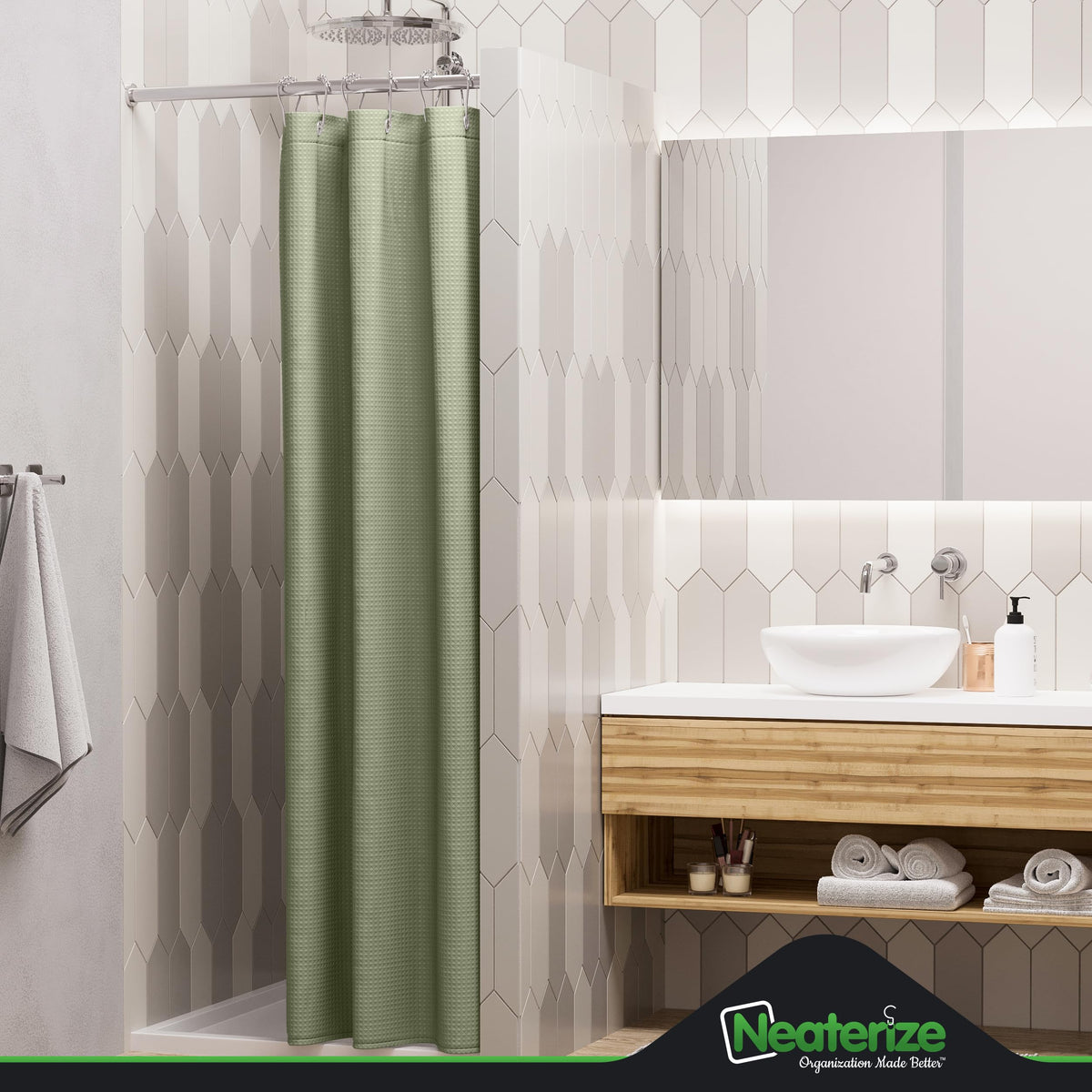 Neaterize Stall Shower Curtain Sage Green - Hotel Style Sage Green Shower Curtains For Bathroom With Waffle Design, 36X72 Inches