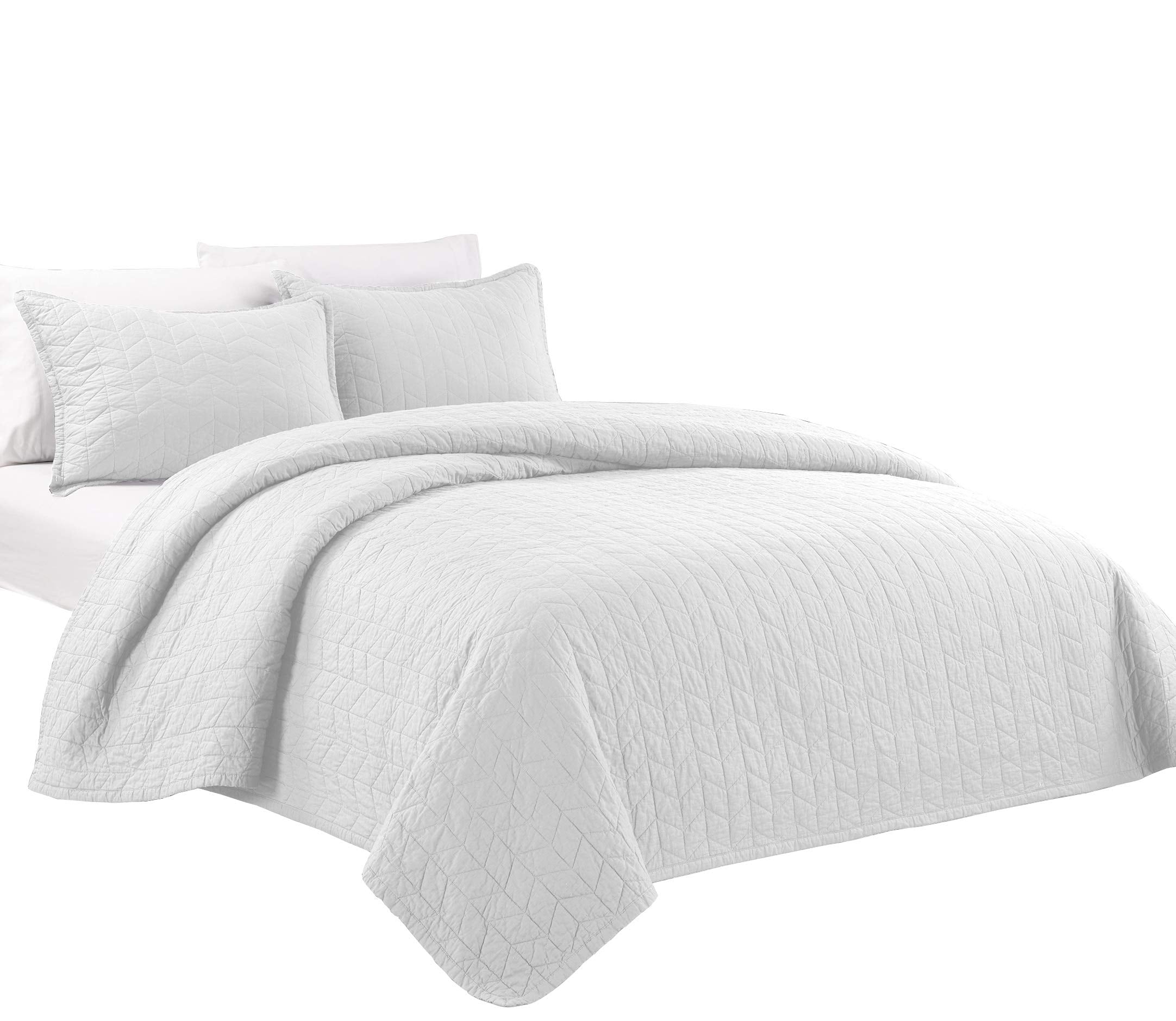 Chezmoi Collection Madrid 3-Piece Vintage Washed Solid Cotton Quilt and Shams Set (King, White)