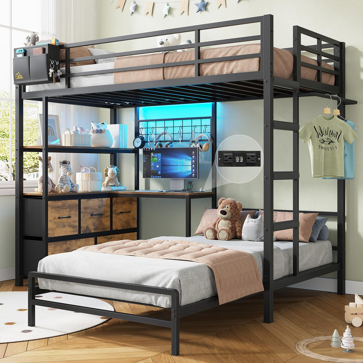 Dictac Bunk Bed With Lshaped Desk,5 Storage Drawers And 2 Shelves Metal Twin Xl Over Twin Bunk Bed With Led Lights And Charging
