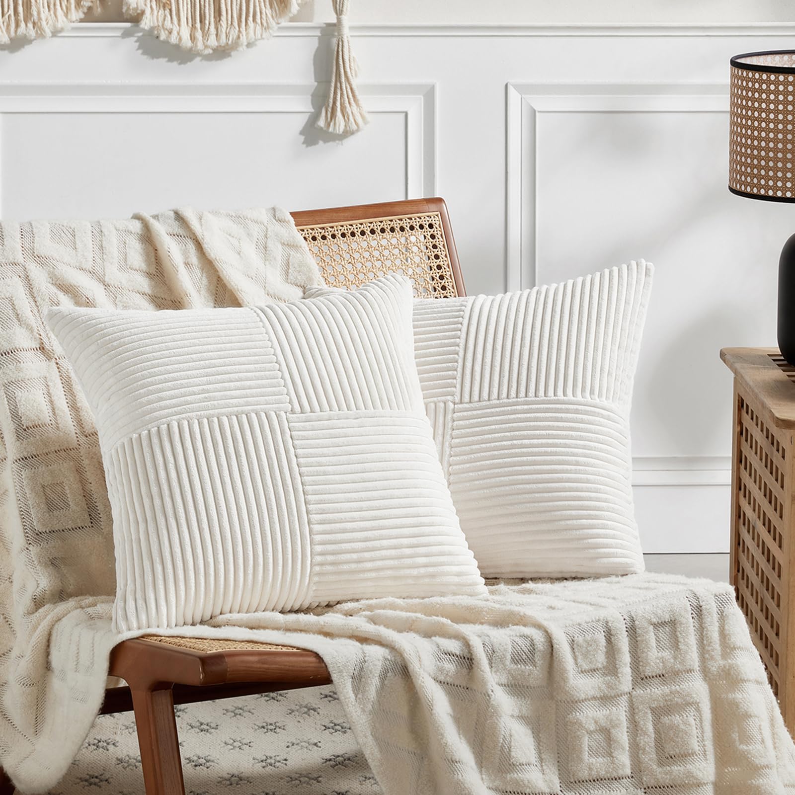 Fancy Homi 2 Packs Cream White Decorative Throw Pillow Covers 22X22 Inch For Living Room Couch Bed, Rustic Farmhouse Boho Home D
