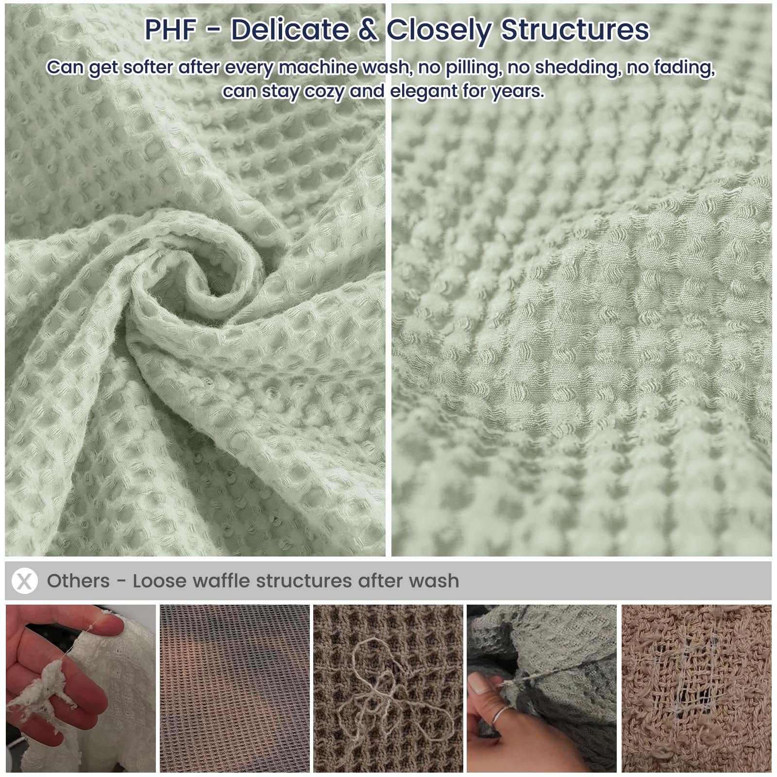 Phf 100% Cotton Waffle Weave Blanket Twin Size 66'X90' - Lightweight Cozy Washed Soft Breathable Throw Blanket - Great Blanket Layer For Couch Bed Sofa - Elegant Aesthetic Home Decoration - Sage Green