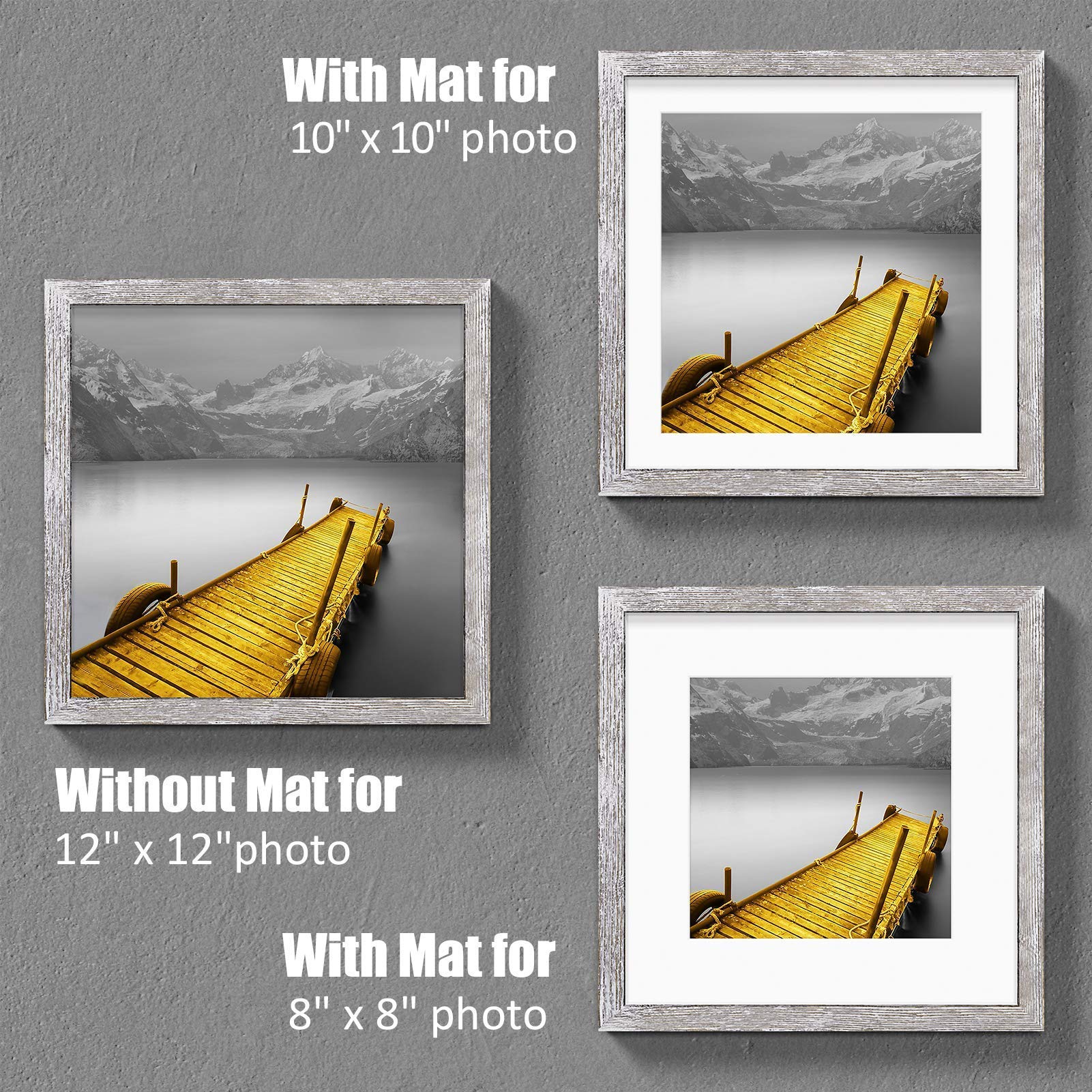 12X12 Picture Frames Wood Rustic Distressed White Display Pictures 10X10 Or 8X8 With Mat Or 12X12 Without Mat - 12X12 Inch Squar