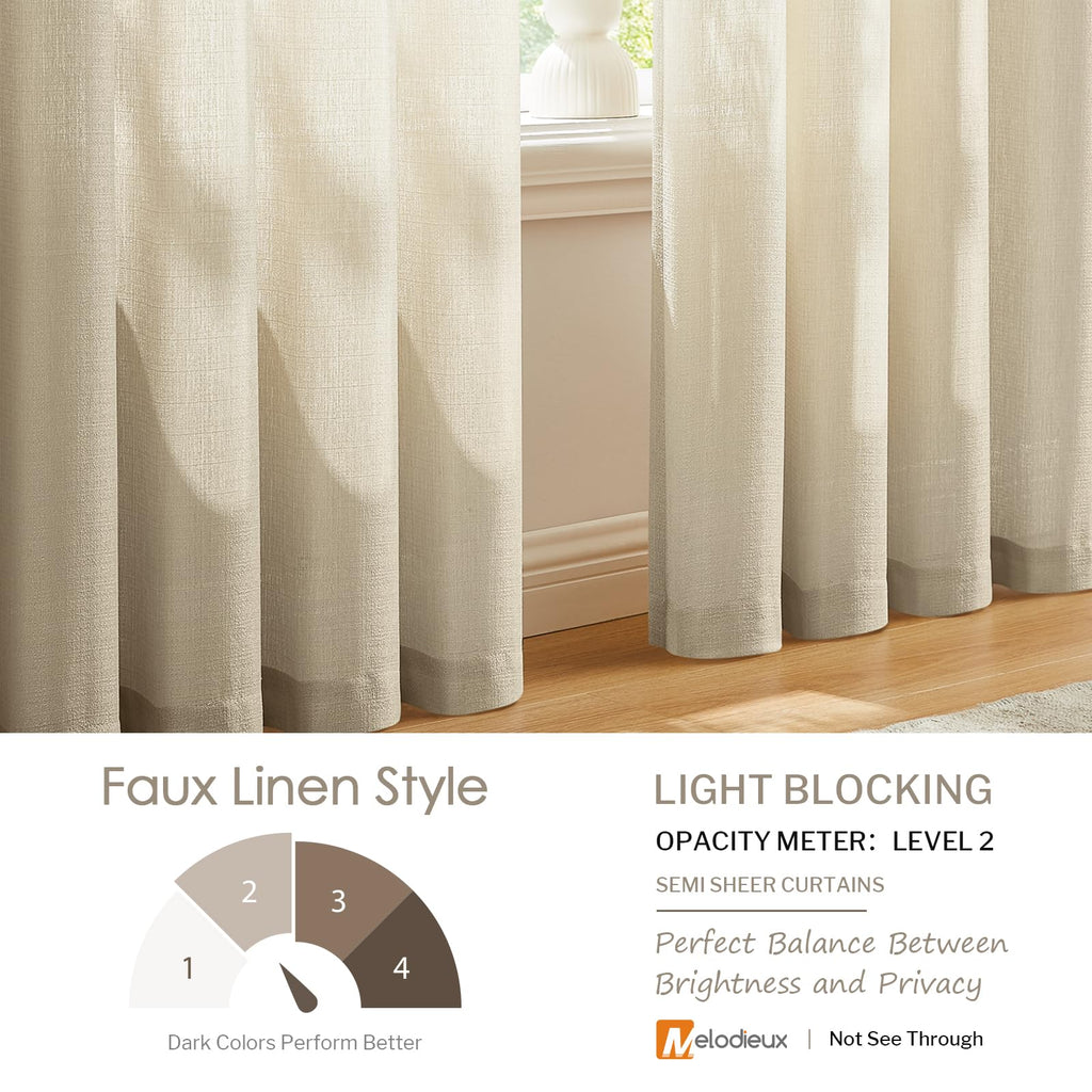 Melodieux Tan Semi Sheer Curtains 72 Inches Long For Bedroom, Living Room Linen Look Privacy Window Rod Pocket Sheer Drapes, 52'