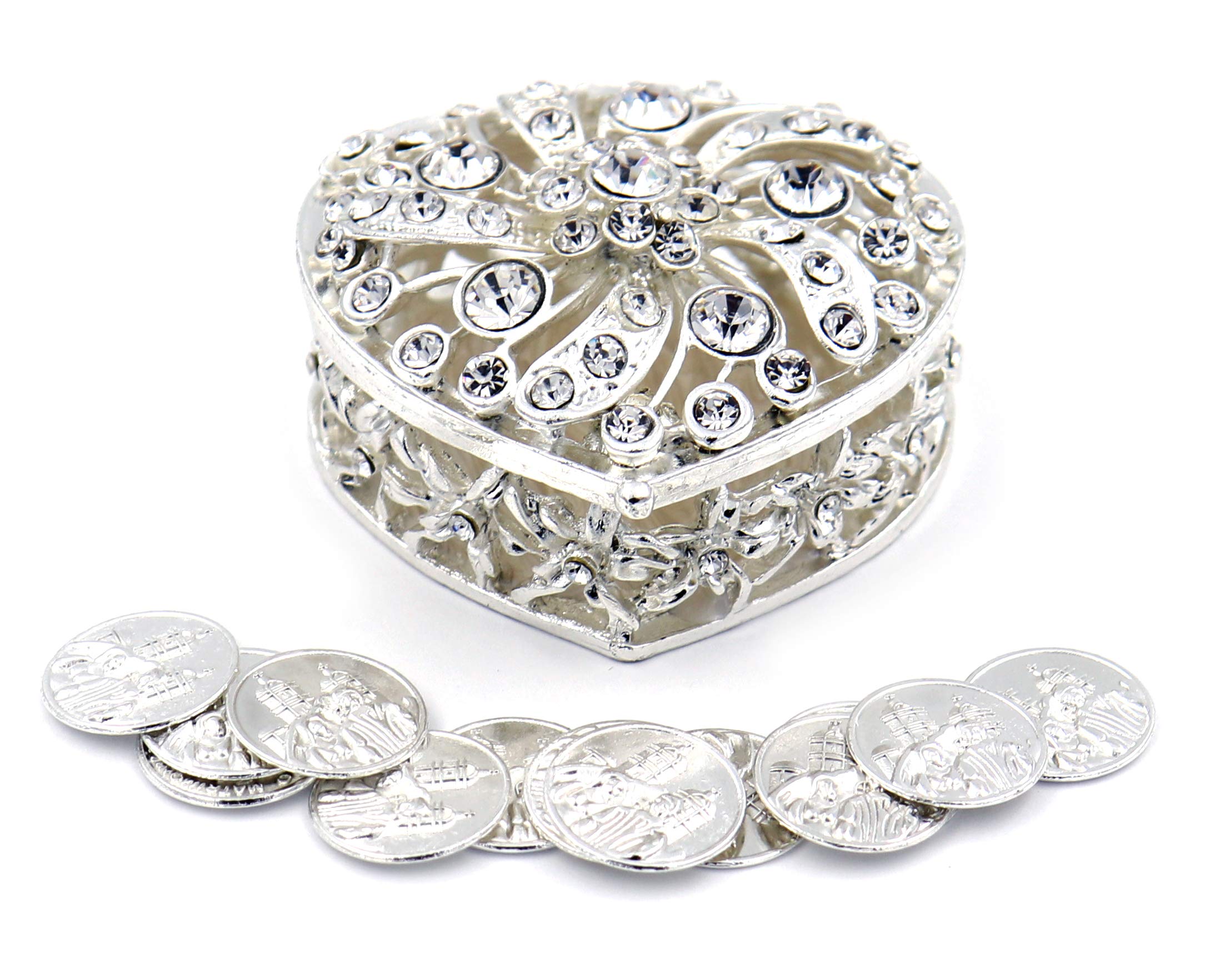 Joice Silver Metal Heart Rhinestone Wedding Arras Box Set with Unity Coins