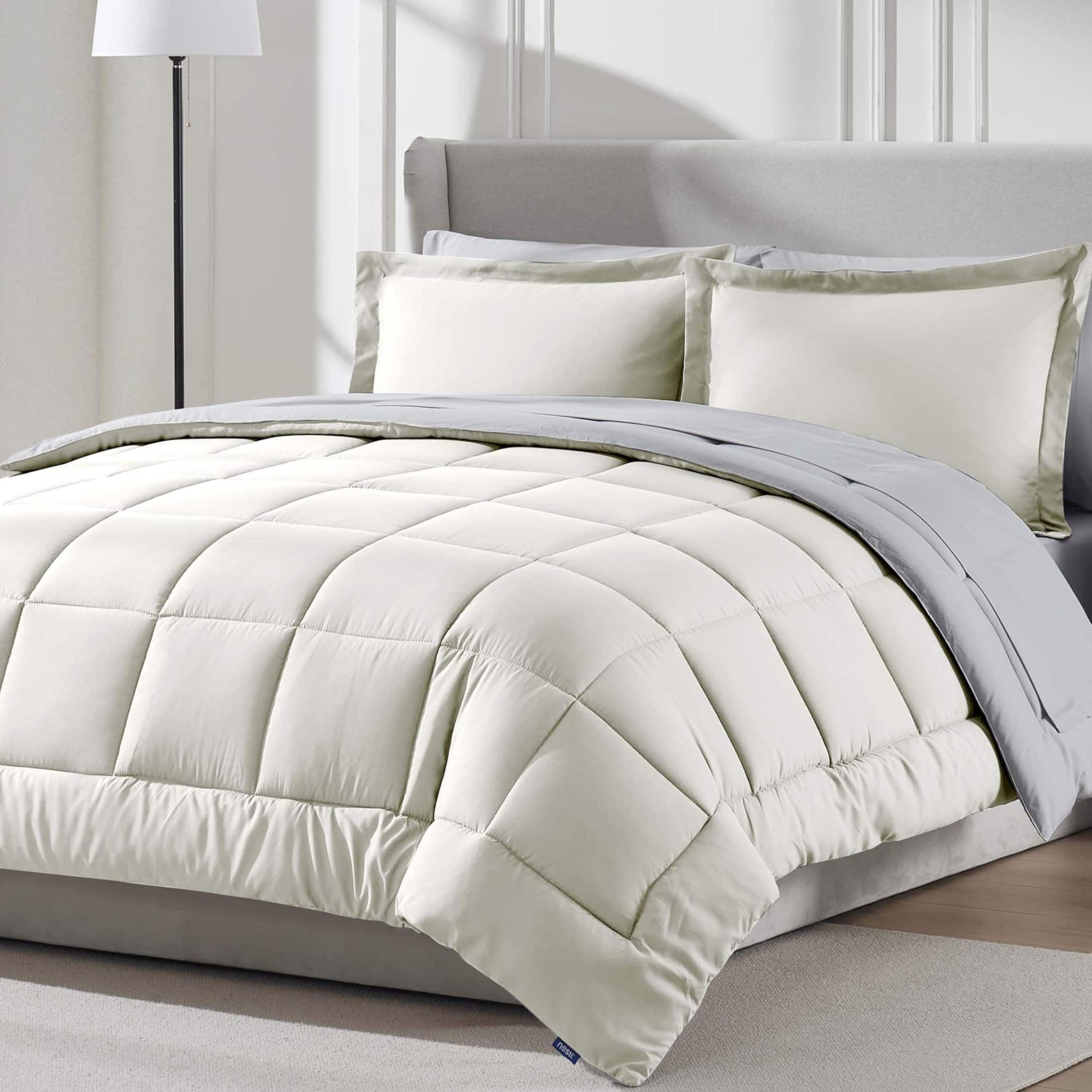 Nestl 7 Piece Queen Comforter Set - Off White Reversible Bed in a Bag - Complete Queen Size Bedding Set with Sheets, Pillowcases