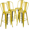4 Pk. 30 High Distressed Yellow Metal Indoor Barstool with Back