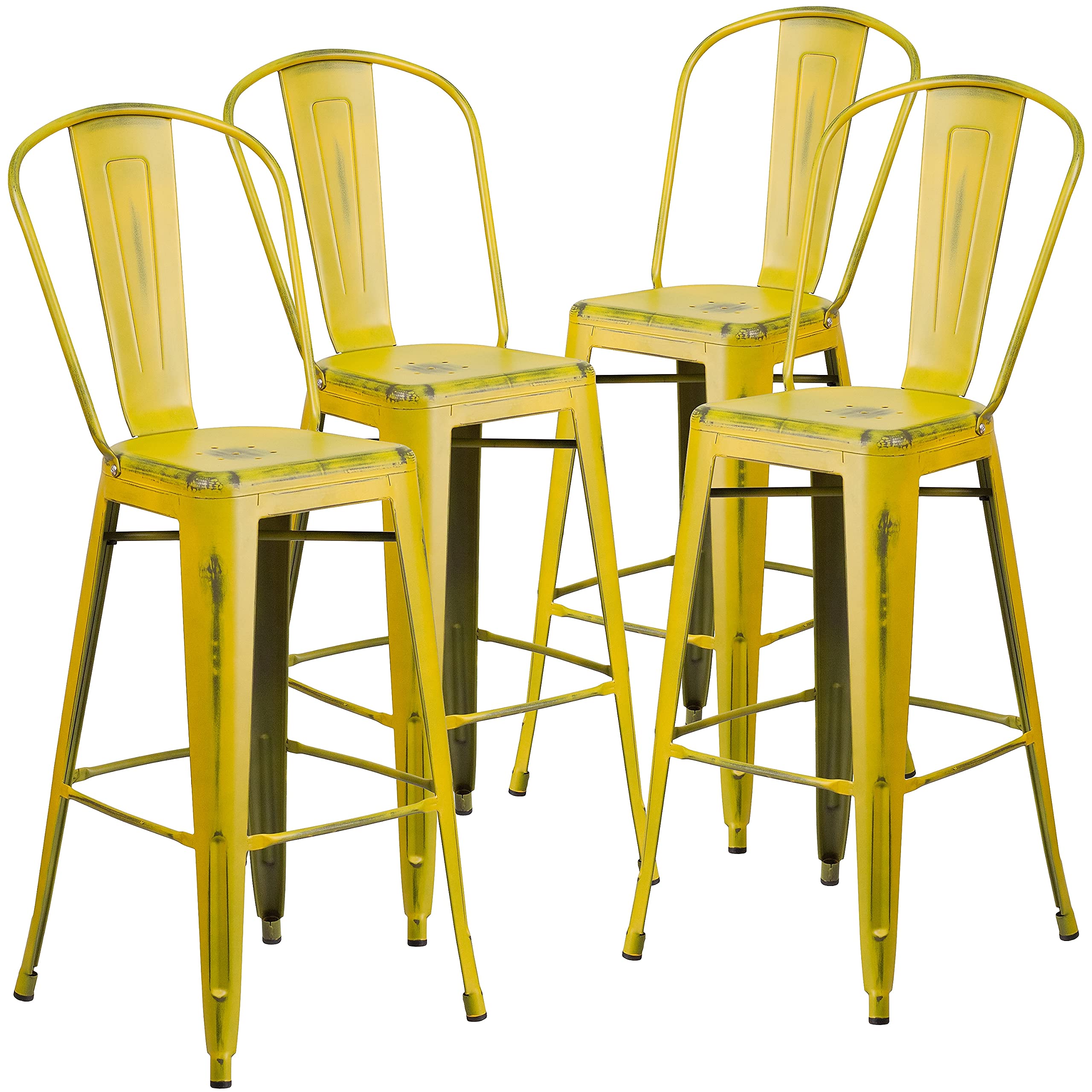4 Pk. 30 High Distressed Yellow Metal Indoor Barstool with Back
