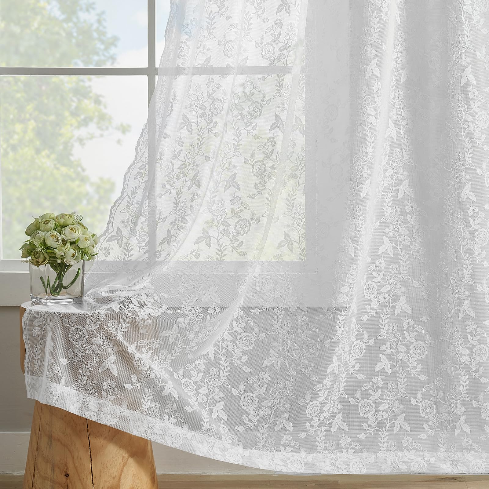 102 Inch Length White Lace Curtains 2 Panels Set Country Rustic Leaf Floral Knitted Vintage Lace Curtains For Living Room Bedroo
