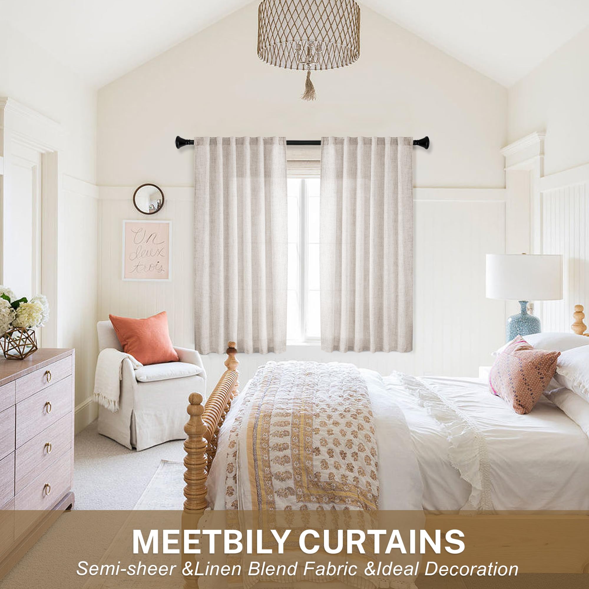 Meetbily Short Linen Curtains 45 Inch Length For Kitchen Cafe Window Bathroom 2 Panels Set Back Tab Pocket Farmhouse Boho Light