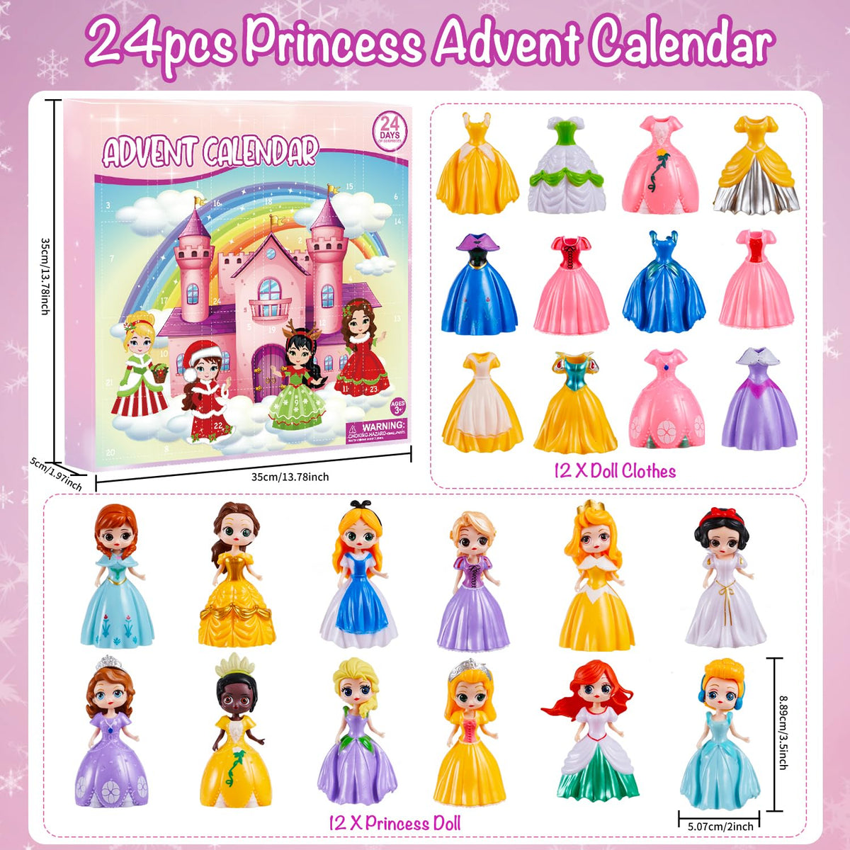 Princess Advent Calendar For Girls, 24 Days Princess Transformable Toys And Clothes Countdown Calendars Xmas Gifts For Girls Age