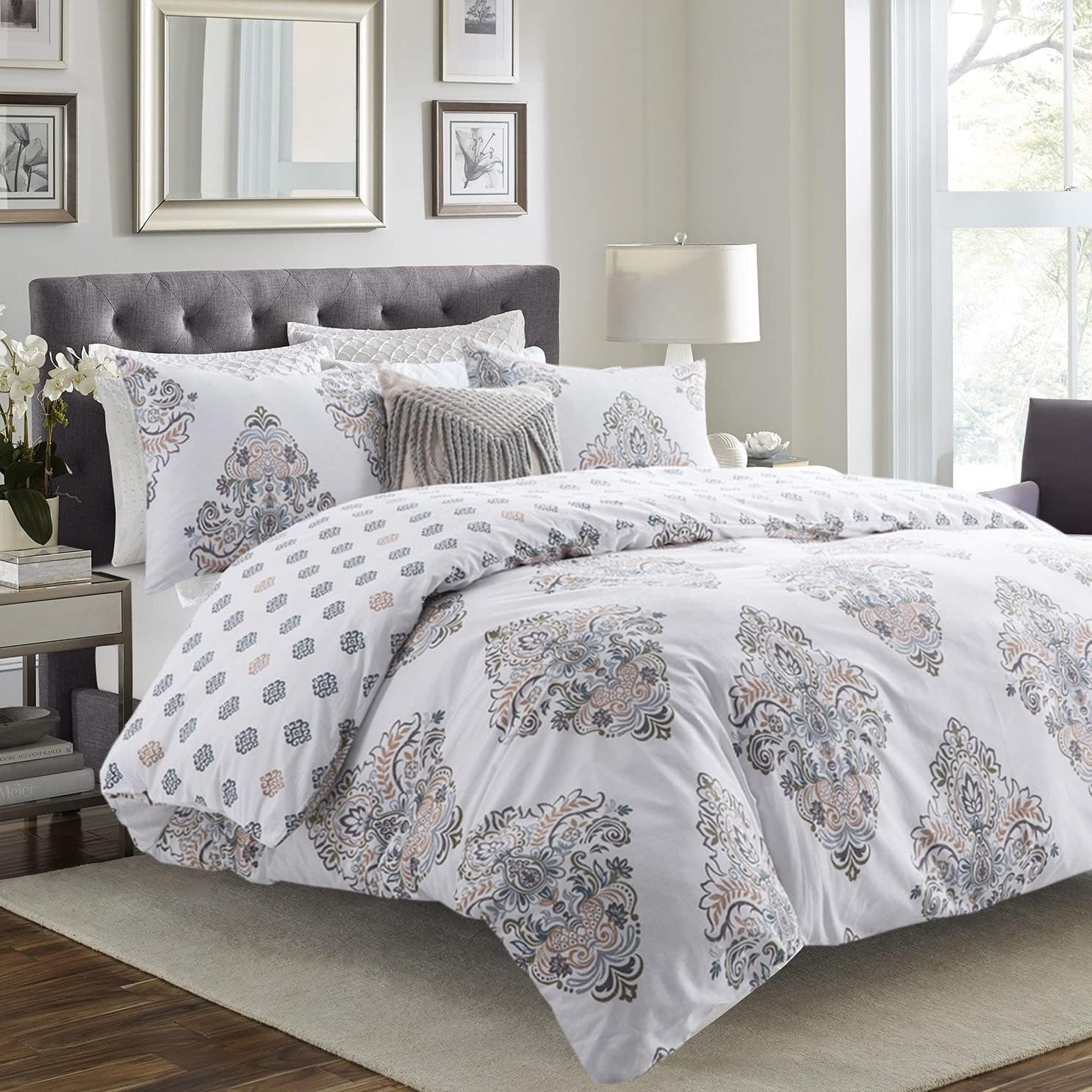 Sleepbella Comforter Twin Size, 600 Thread Count Cotton Yellow & Blue Damask With Taupe Brown Reversible Pattern White Comforter