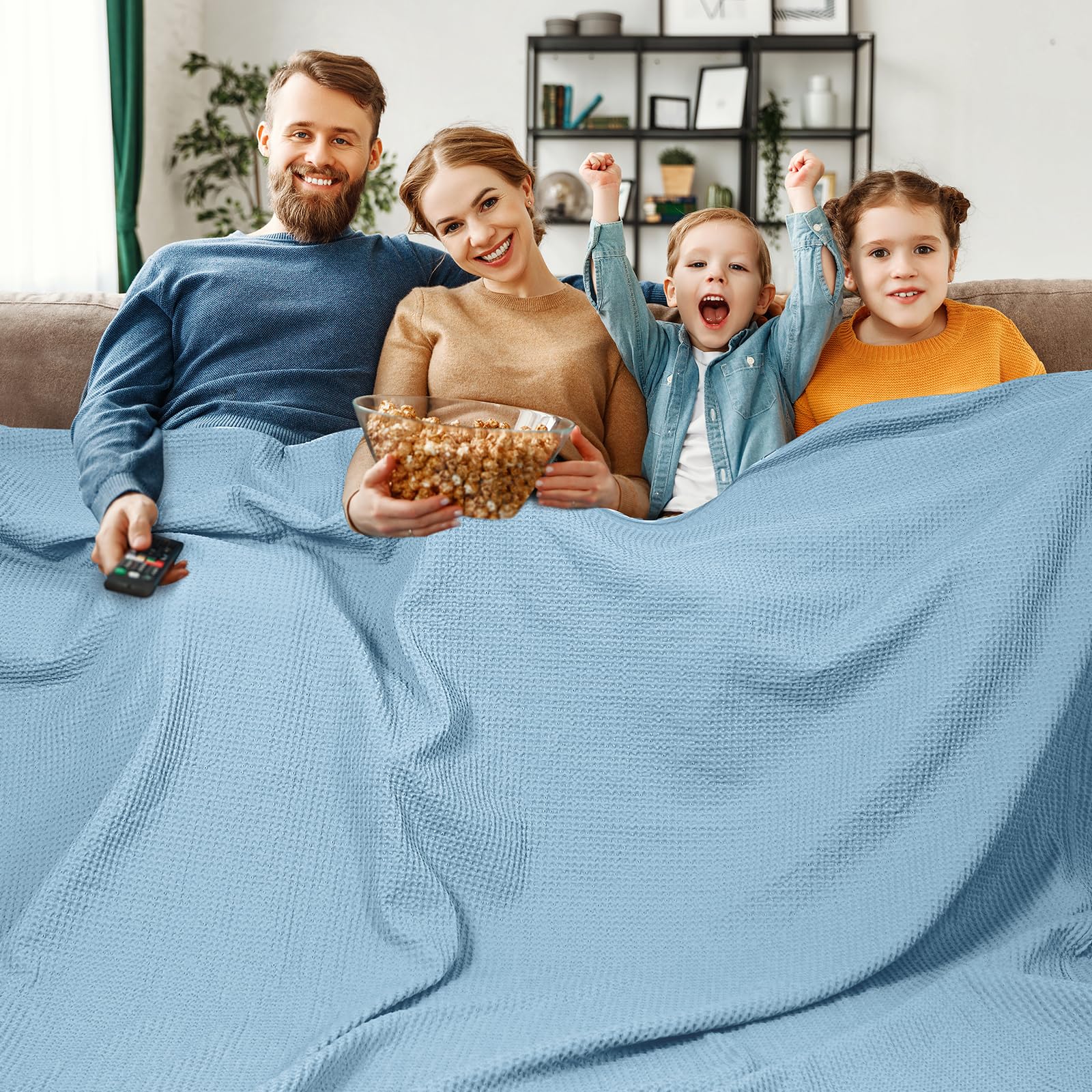 Phf 100% Cotton Waffle Weave Blanket Oversized King Size 120'X 120'- Lightweight Washed Soft Breathable Huge Blanket- Extra Large Big Blanket For Couch Bed Sofa- Aesthetic Home Decoration - Dusty Blue