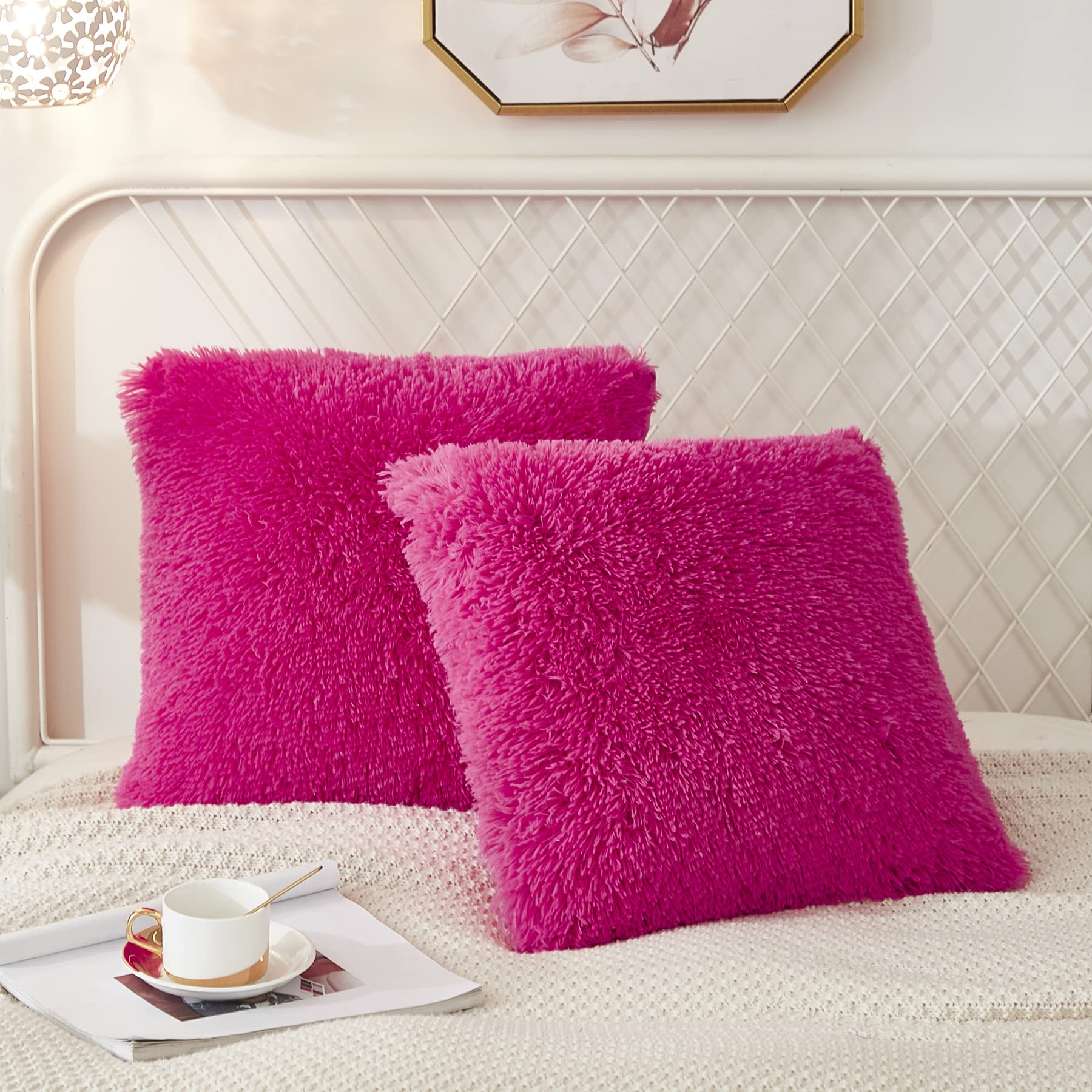 Uhamho Set Of 2 Faux Fur Throw Pillow Covers Bed Pillowcases Soft Velvet Home Decorative Zipper Closure (Hot Pink, 18'X18')