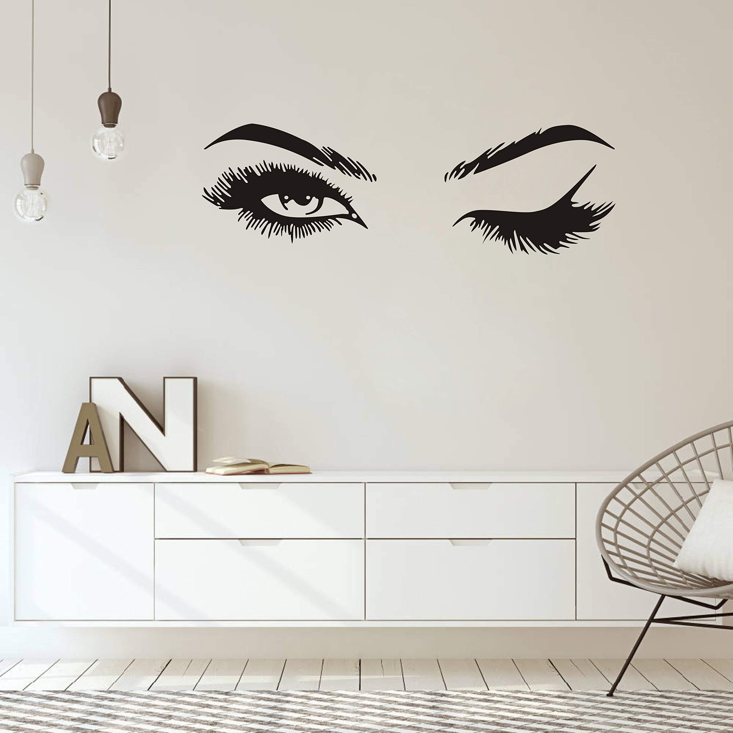 Fashionista Girl Wink Wall Decal with Beautiful Charming Eyelashes, Easy Peel and Stick Woman Mural Vinyl Art Decor for Living R