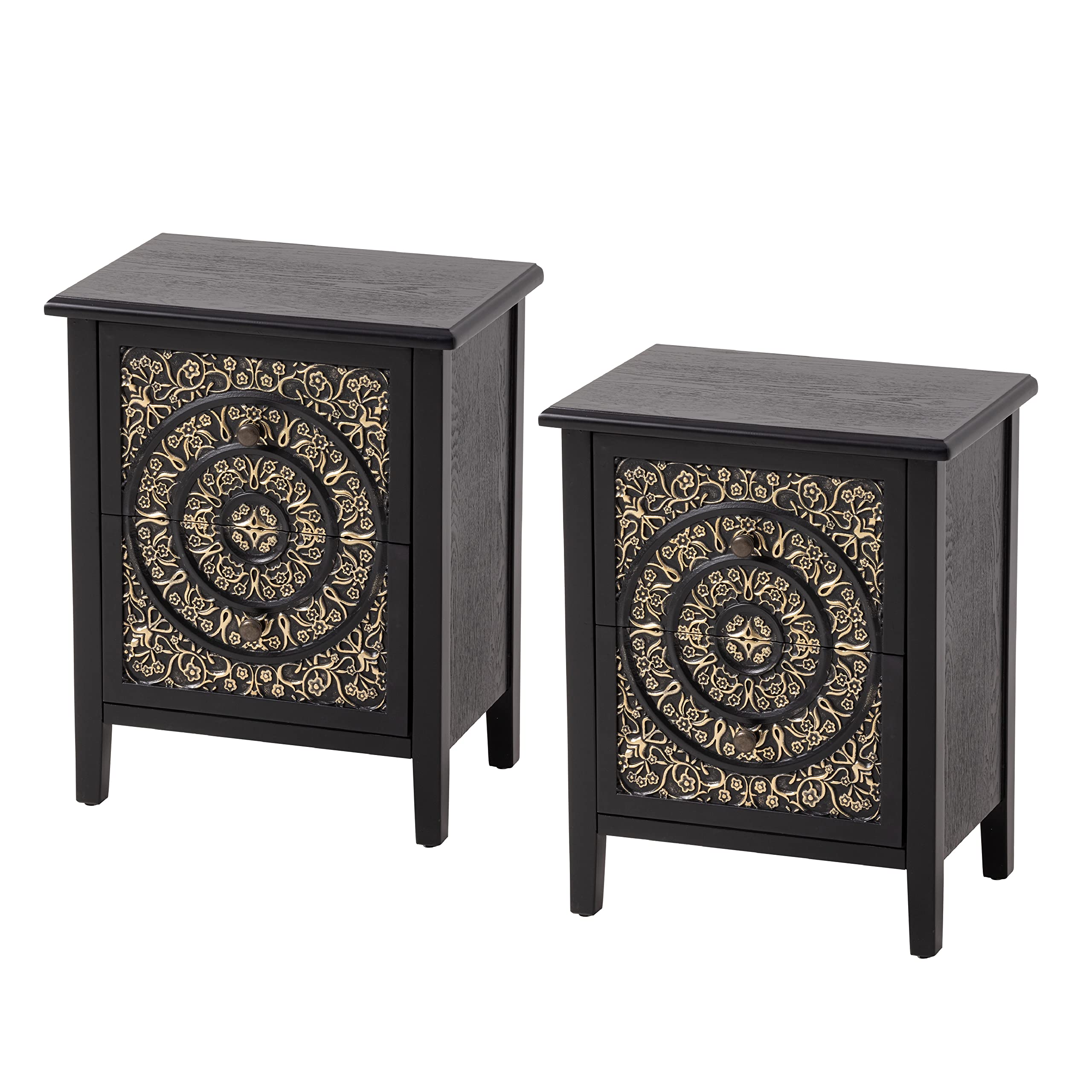 COZAYH 2-Drawer Fully-Assembled Flower Motif Nightstand Set of 2 for Small Spaces, French Country, Modern, Distressed Finish,Gol