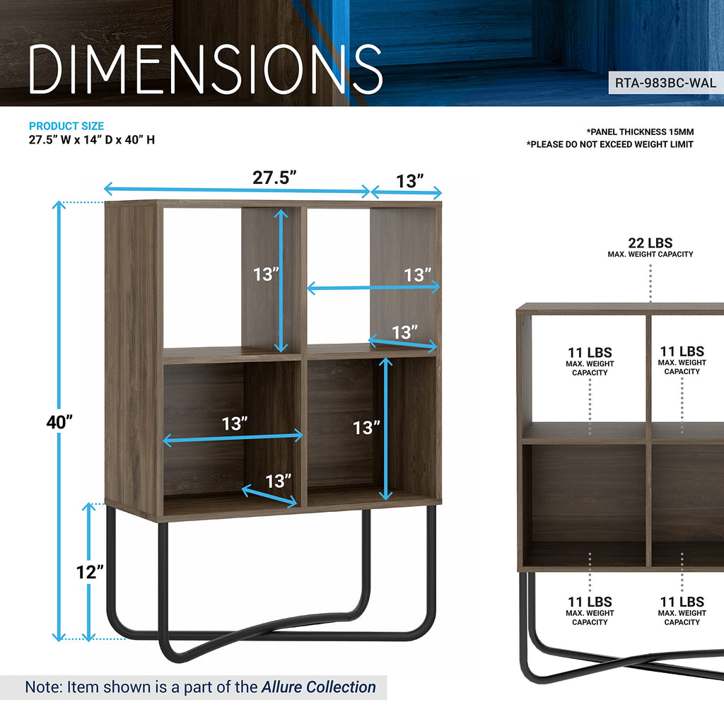 Techni Mobili 2-Tier Bookshelf, Cube Storage For Living Room Or Home Office, Open Back Shelves For Display Or Storage, Walnut