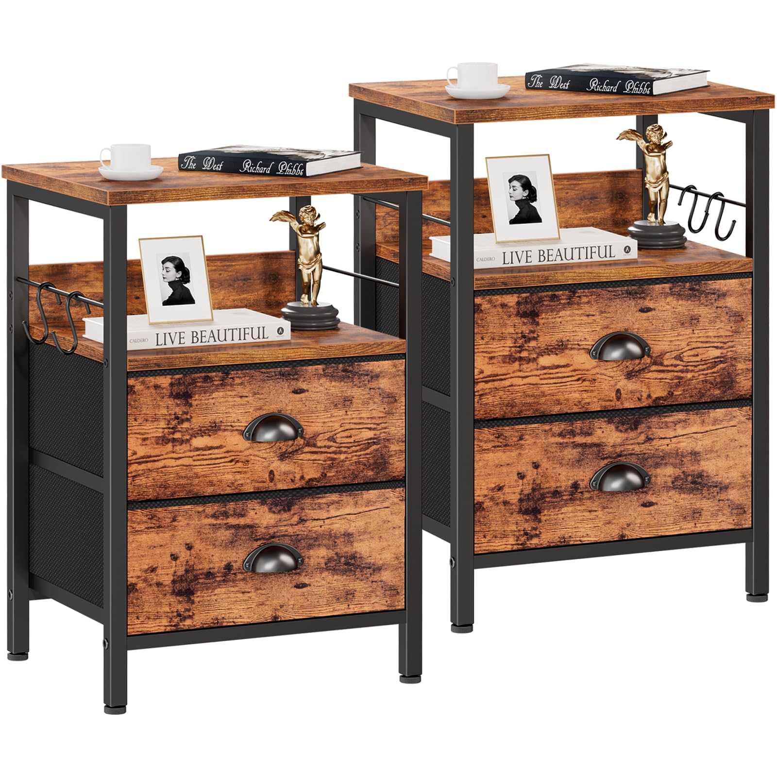 Furologee Nightstands Set 2, Bedside Table with 2 Fabric Drawers, End Table with Hooks and Shelf, for Bedroom/Living Room/Study/