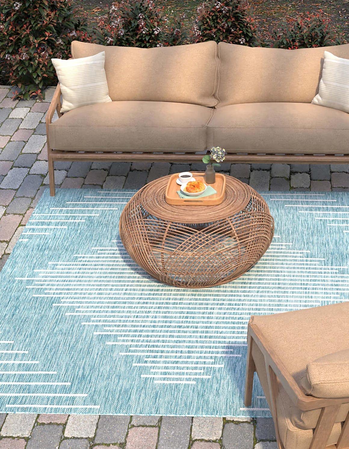 Unique Loom Outdoor Modern Collection Area Rug - Tambor (5' 3' Square, Light Aqua/ Ivory)