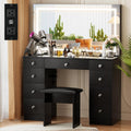 Vowner Vanity With Lighted Mirror - Makeup Vanity Desk With Power Outlet, 9 Drawers, 3 Color Lighting Modes Adjustable Brightness And Soft Cushioned Stool For Bedroom, Black (43' L)