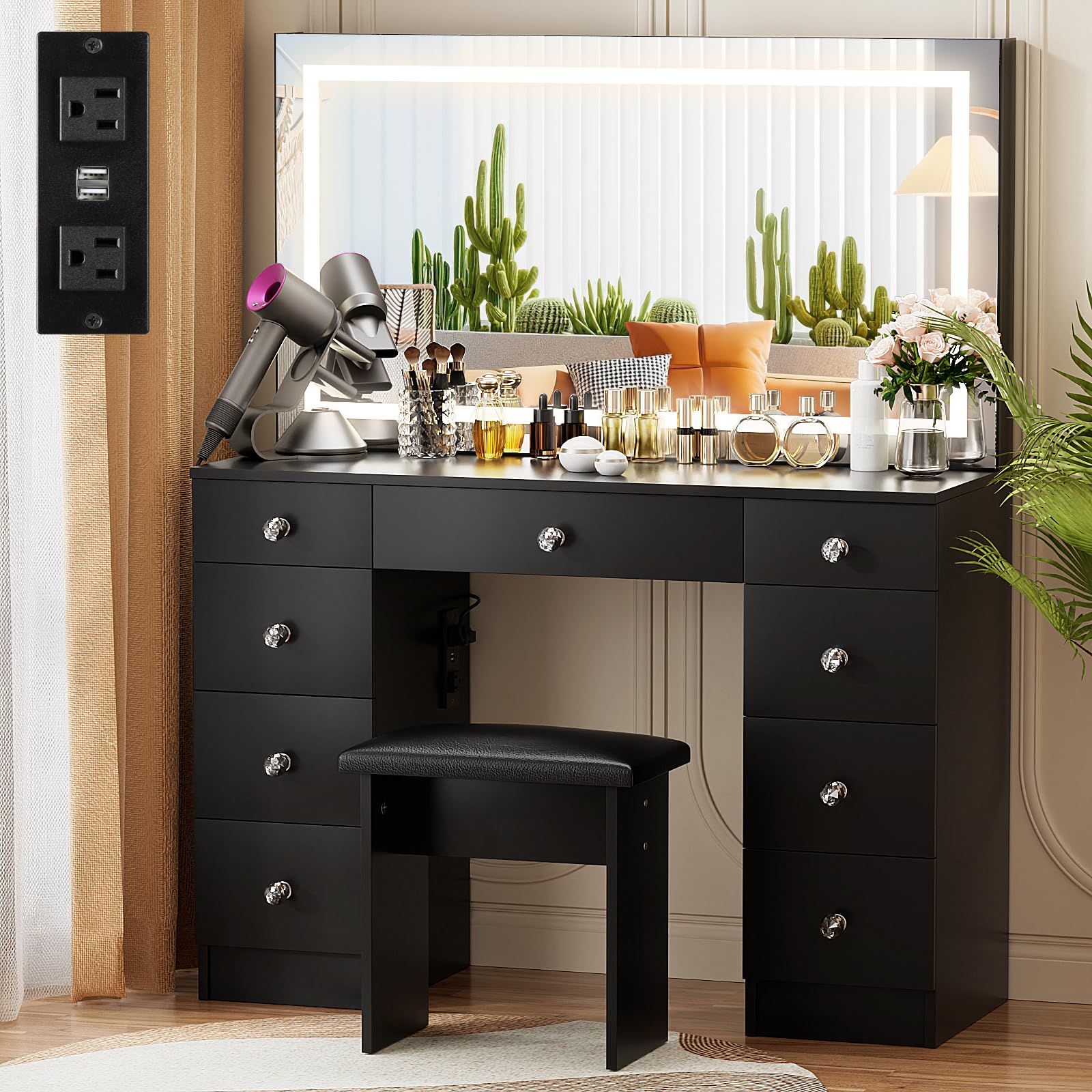 Vowner Vanity With Lighted Mirror - Makeup Vanity Desk With Power Outlet, 9 Drawers, 3 Color Lighting Modes Adjustable Brightness And Soft Cushioned Stool For Bedroom, Black (43' L)