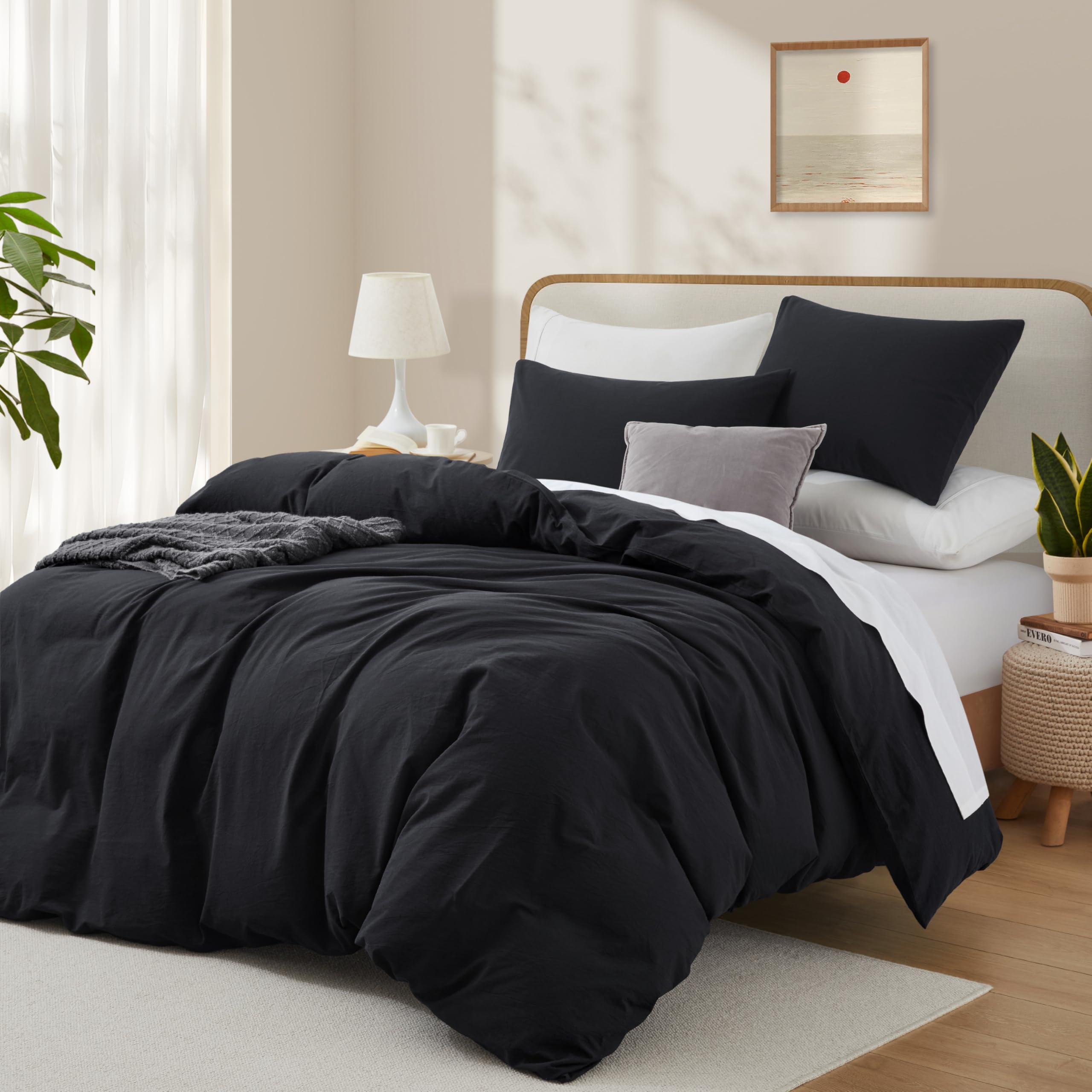 Lovque Black Duvet Cover Twin Size, 100% Washed Cotton Linen Like Bedding Set With Zipper Closure (No Comforter), 68X90 Inches
