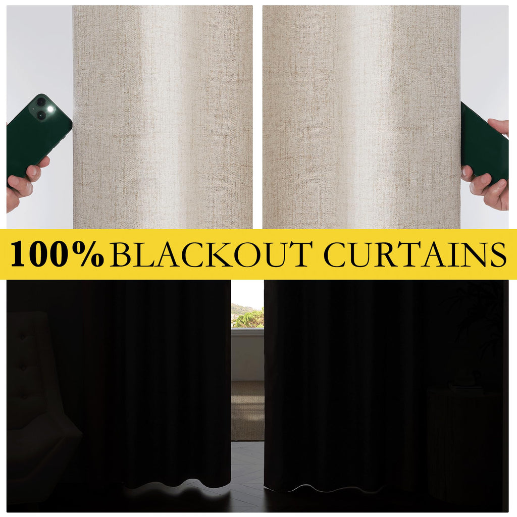 Nicetown Farmhouse Style 100% Blackout Oatmeal Linen Curtains 90 Inches Length, 2 Panels, 52' W, Room Cooling Window Draperies With Thermal Insulated Liners For Dining Room