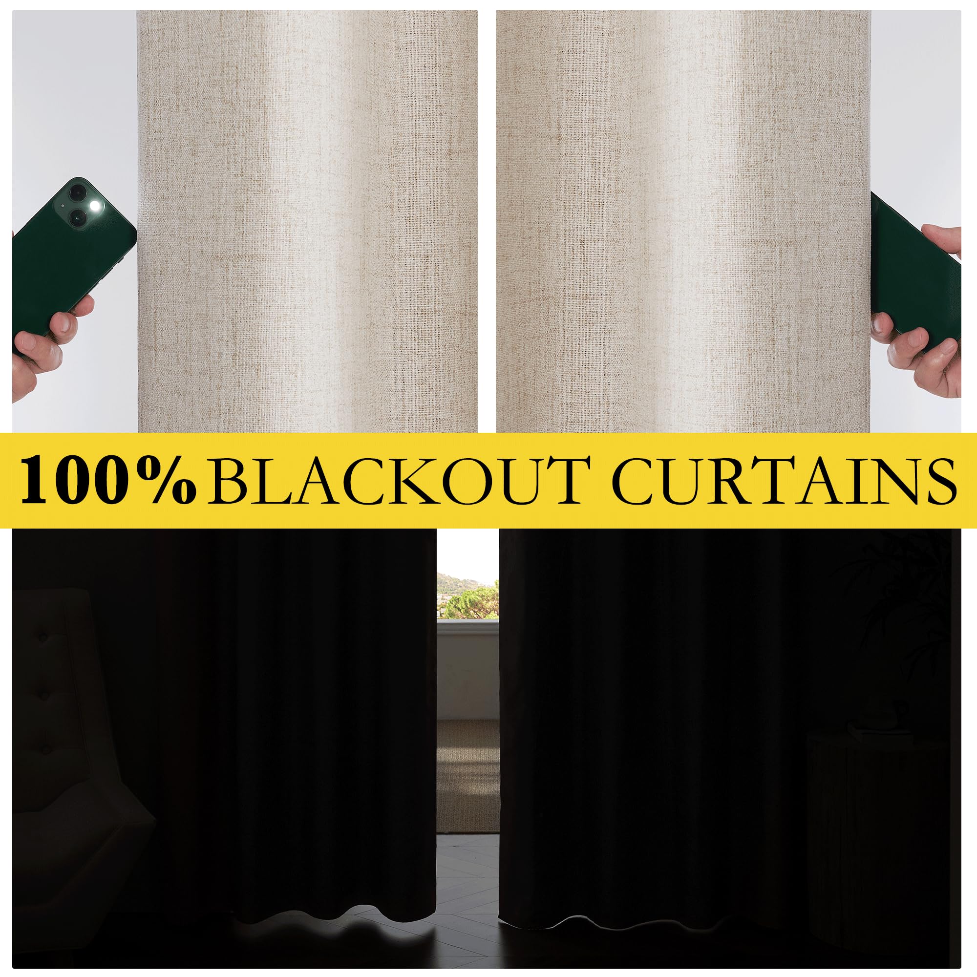 Nicetown Full Blackout Oatmeal Linen Curtains 102' Length With Thermal Insulated Liners For Living Room, 2 Panels, 52 Inches W, Farmhouse Style Keep Warm Large Window Draperies For Hall