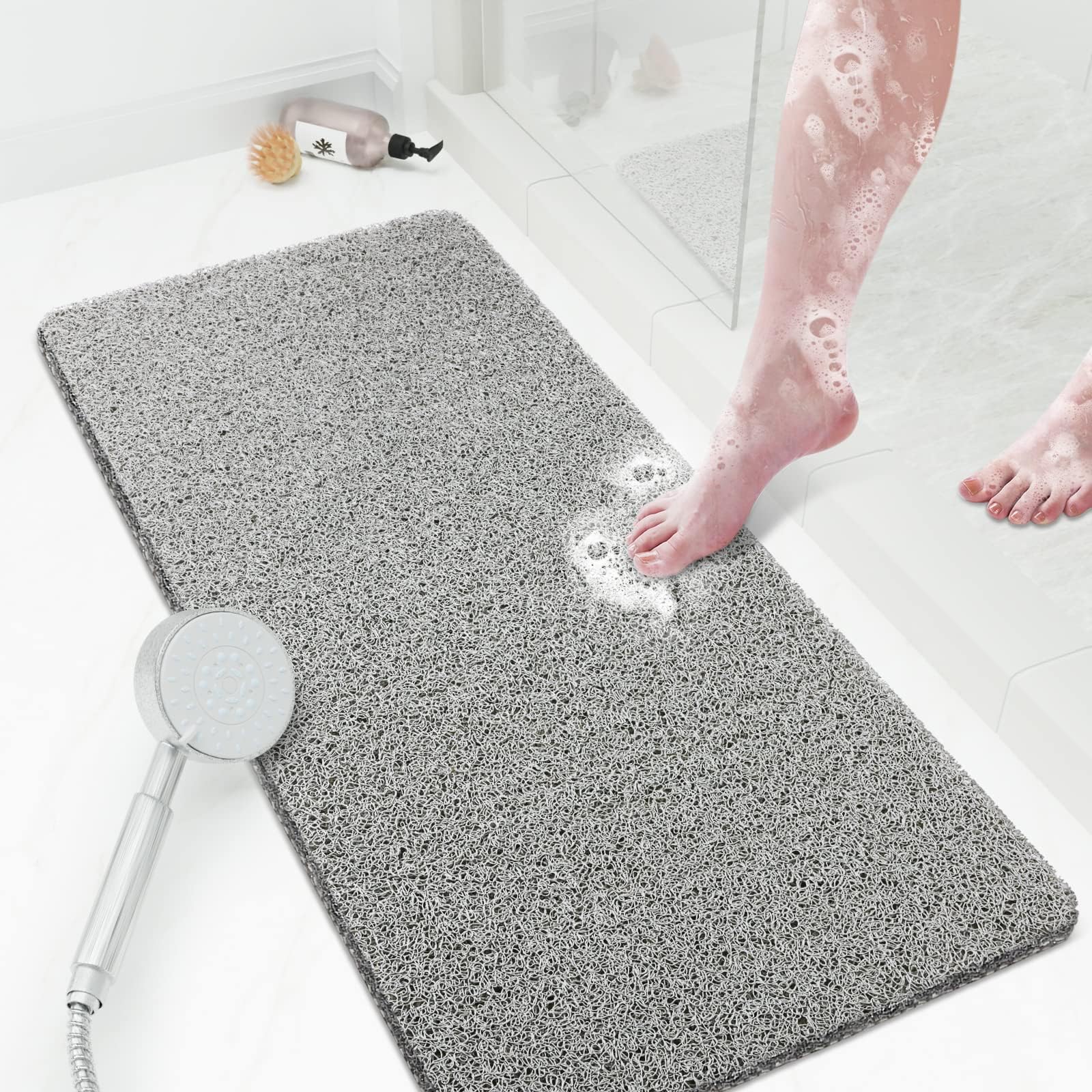 Shower Mat Bathtub Mat Non-Slip,36x16 inch, Soft Tub Mat with Drain,PVC Loofah Bath Mat (Phthalate Free) for Tub and Bathroom,Qu