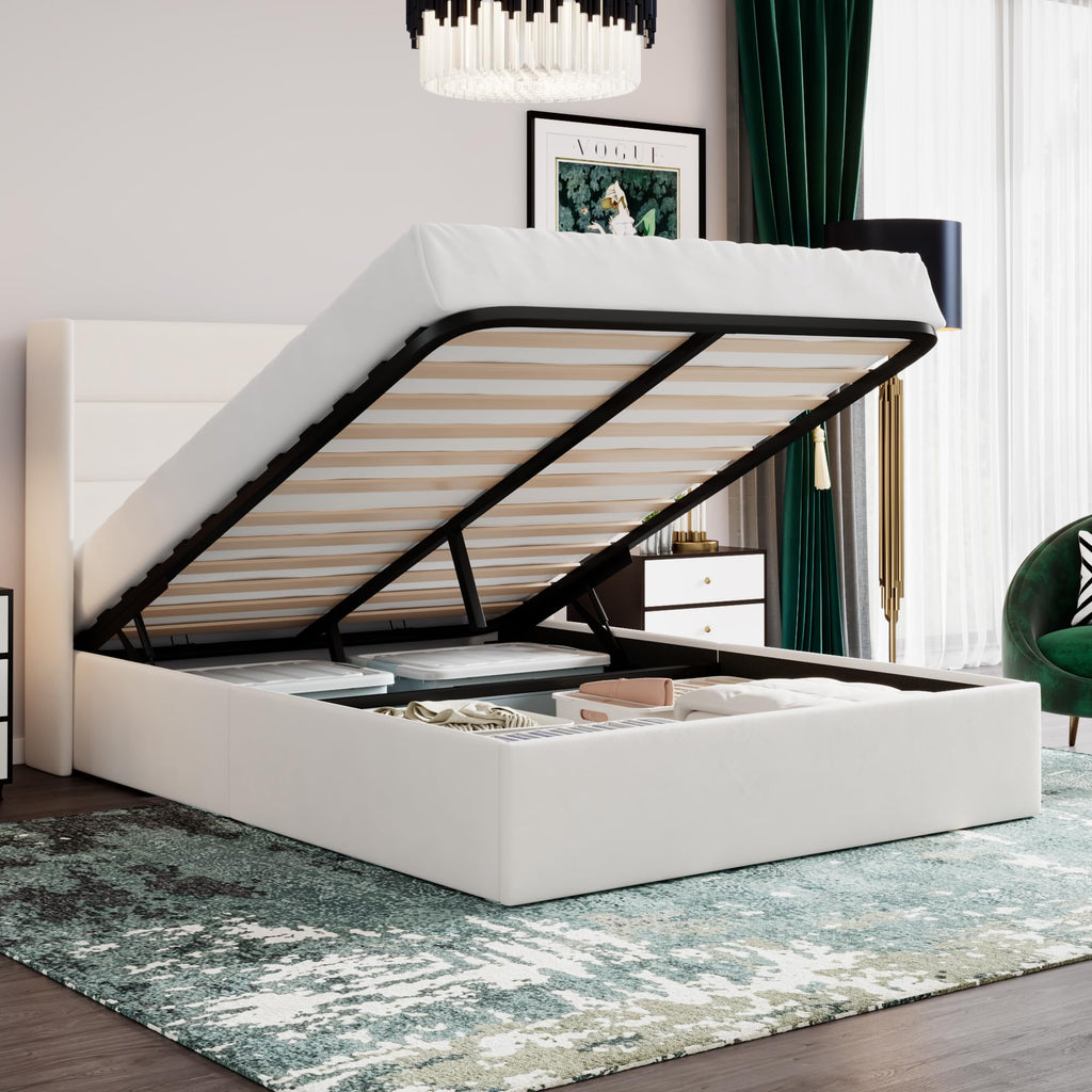 Sha Cerlin Full Size Lift Up Storage Bed/Velvet Upholstered/Modern Wingback Headboard/Upholstered Platform Bed Frame/Hydraulic Storage/No Box Spring Needed/White