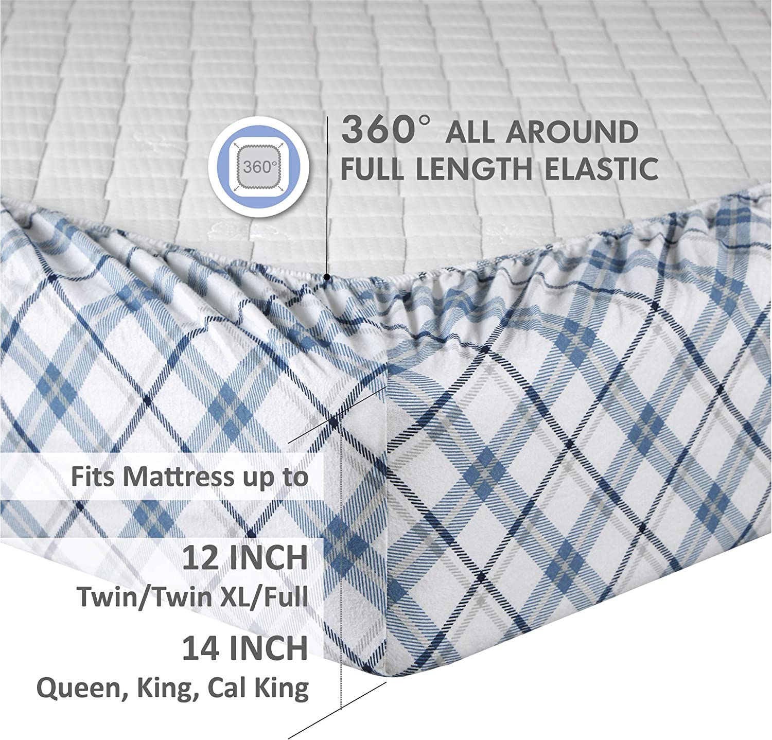 Comfort Spaces Cotton Flannel Breathable Warm Deep Pocket Sheets With Pillow Case Bedding, King, Blue Plaid 4 Piece