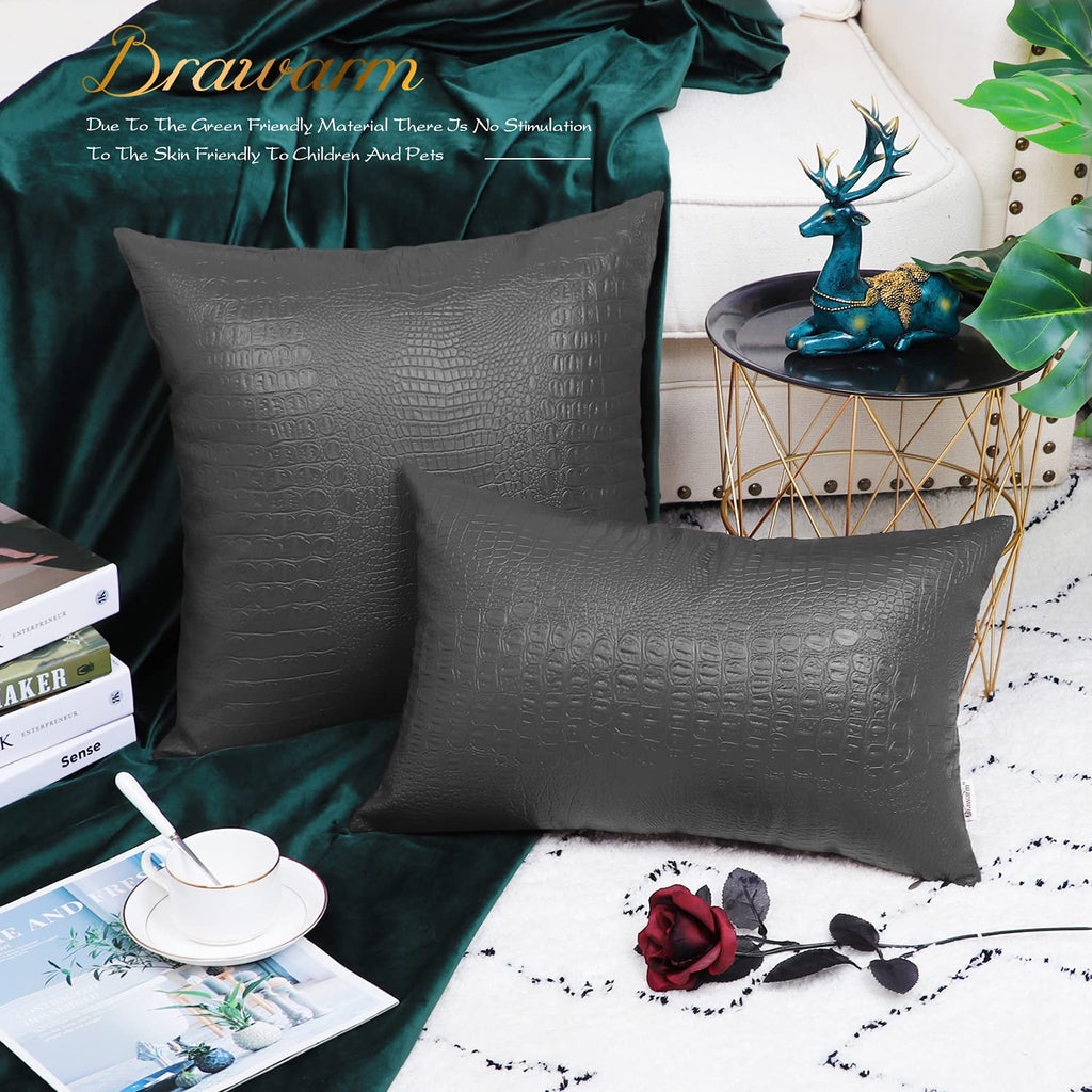 Brawarm Faux Leather Pillow Covers 20 X 20 Inches, Charcoal Gray Leather Pillow Covers Pack Of 2, Crocodile Leather Decorative T