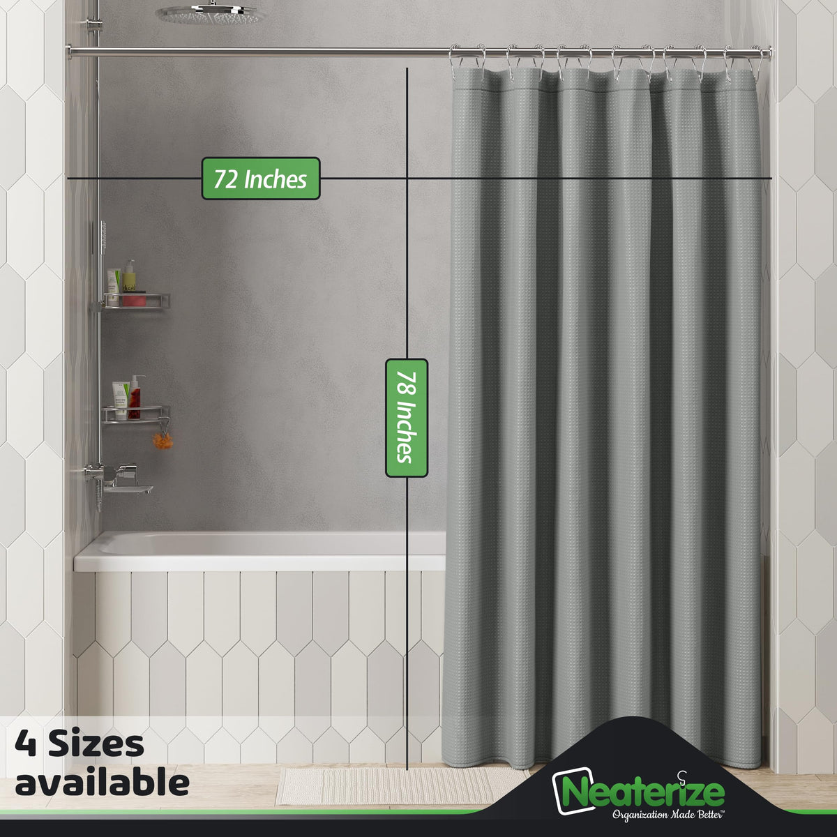 Neaterize Shower Curtain Grey - Hotel Style Grey Shower Curtains For Bathroom With Waffle Design, 72X78 Inches - Fabric Shower C