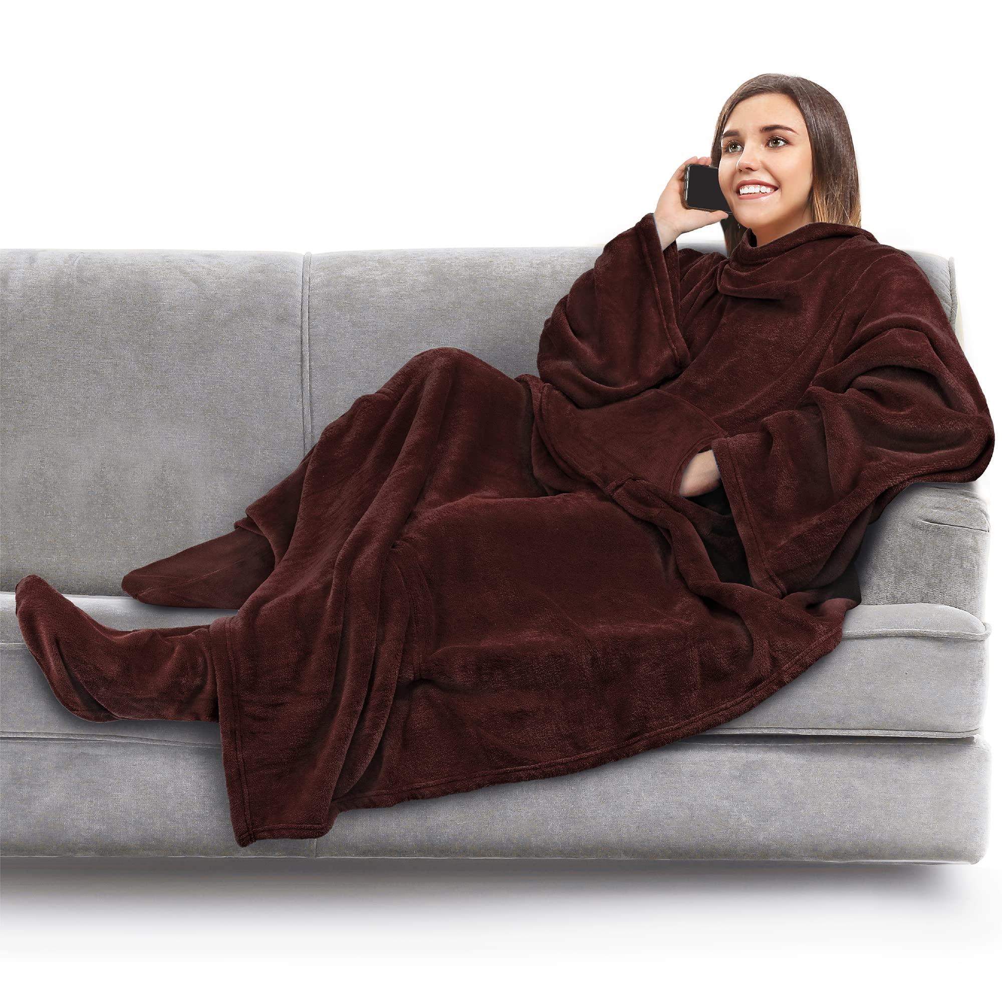 Pavilia Fleece Blanket With Sleeves, Foot Pockets For Women Men Adults, Plush Wearable Blanket Throw Wrap, Warm Snuggle Blanket Robe, Cozy Gift Ideas Wife Mom, Brown